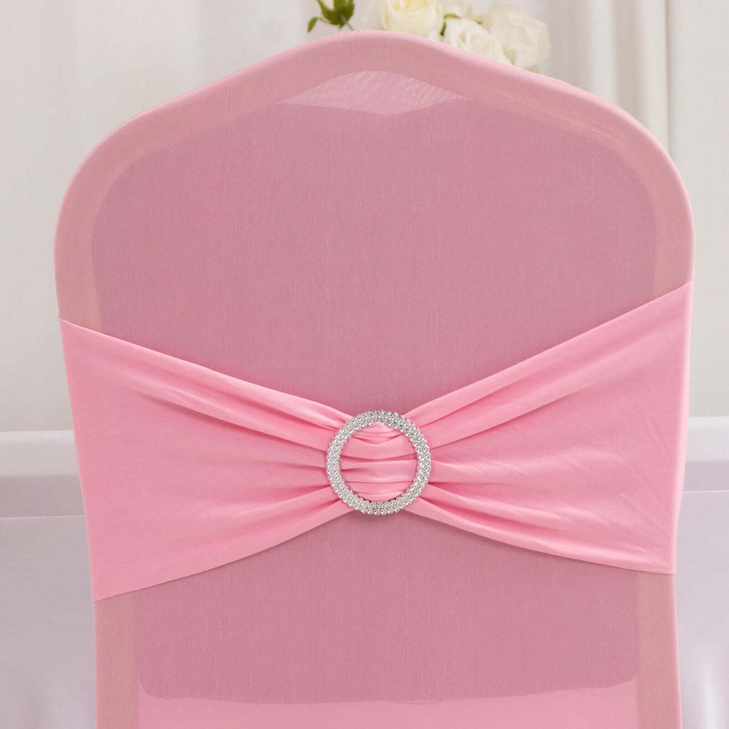 Spandex Chair Cover with Silver Rhinestone Buckled Sash Band Pink - Stretch Fitted Slipcover