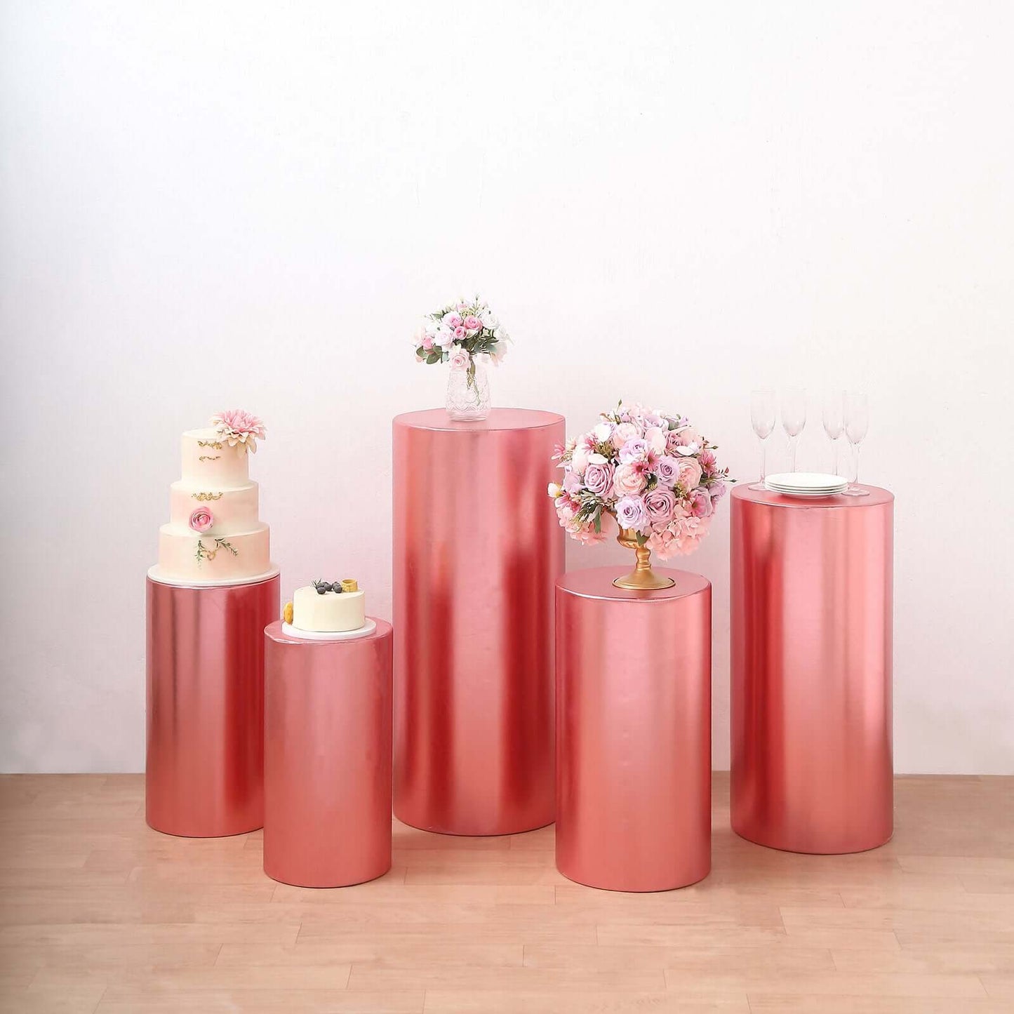 Set of 5 Metallic Rose Gold Spandex Cylinder Pedestal Stand Covers, Shiny Stretchable Pillar Prop Covers - 130 GSM