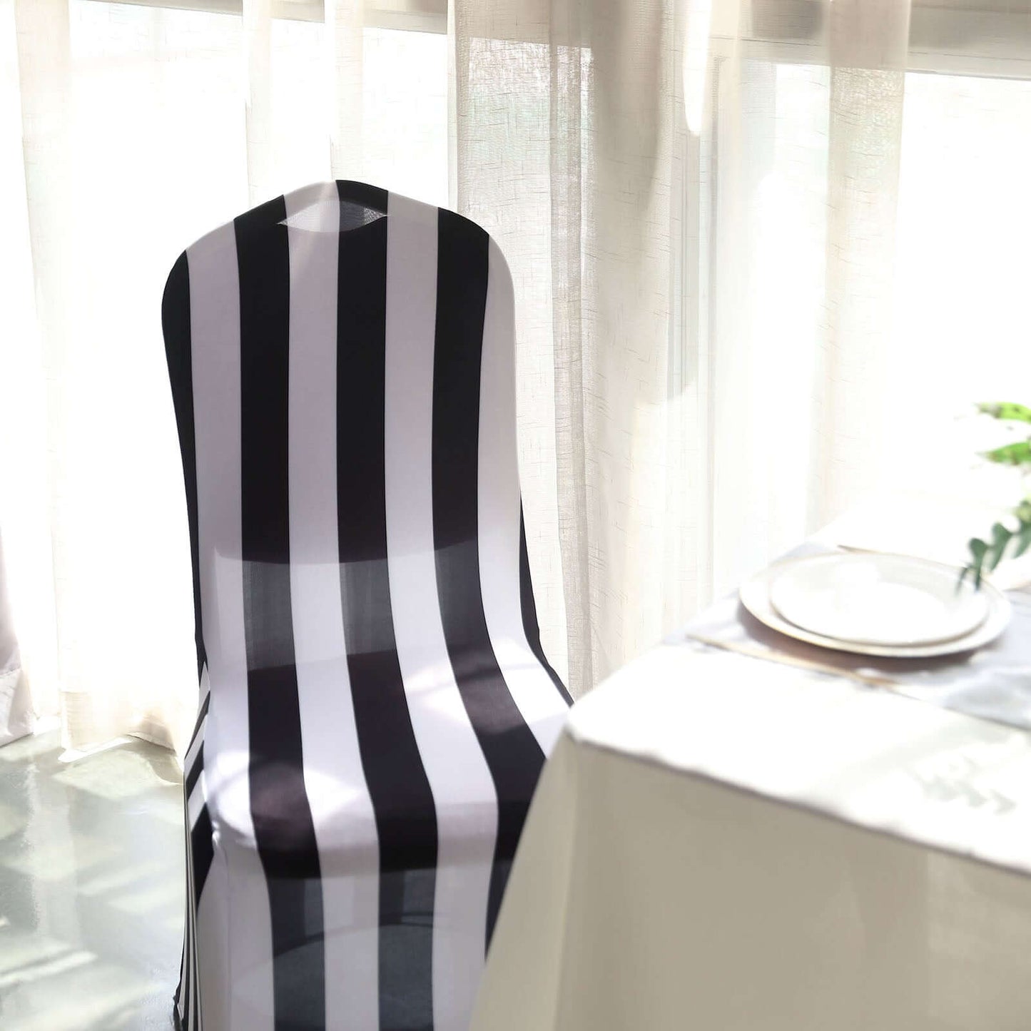 Spandex Chair Cover with Foot Pockets for Banquet Chairs Black/White 2" Stripes - Durable 160GSM Fitted Slipcover for Weddings & Gatherings