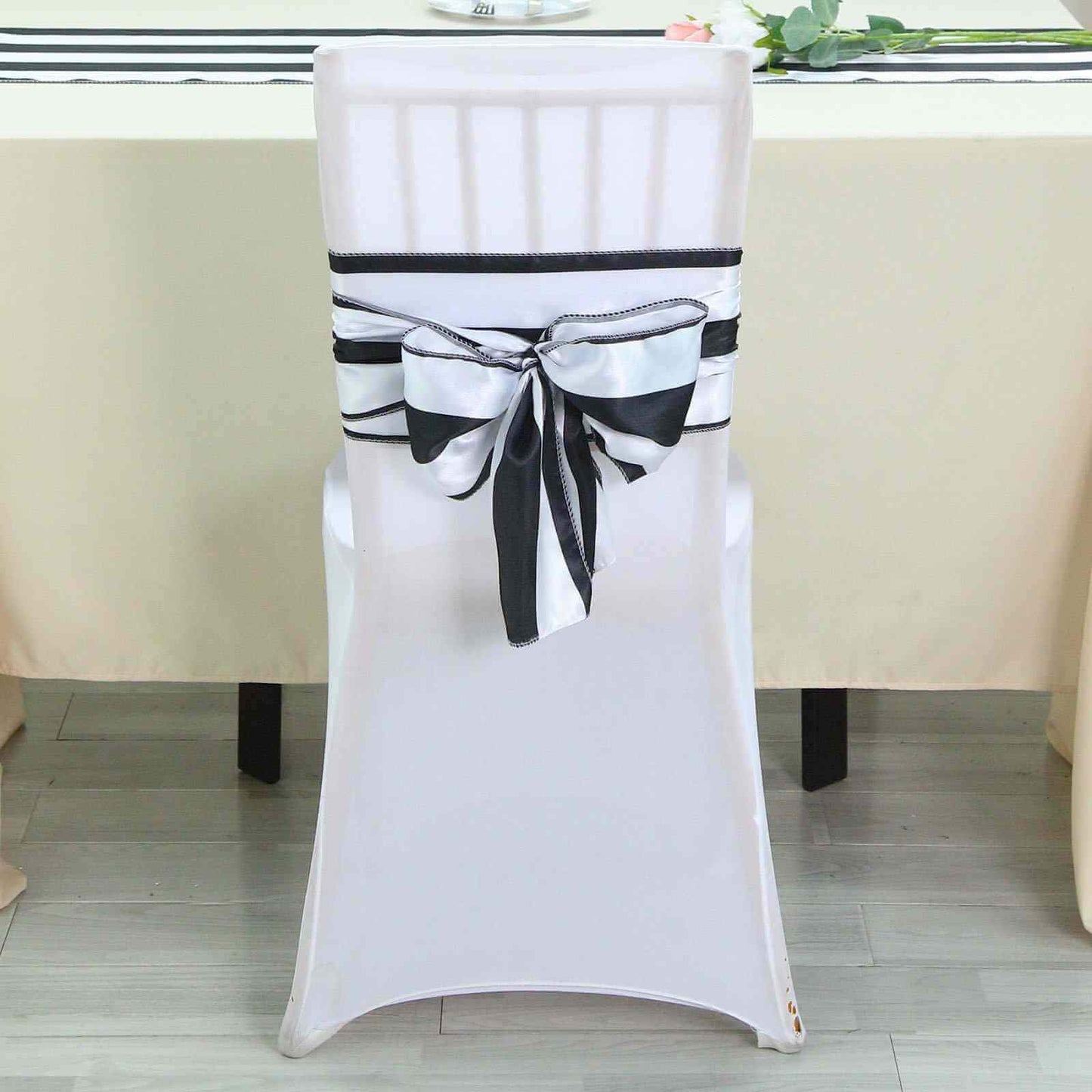 5 Pack Satin 6"x108" Chair Sashes Black/White Stripes - Sophisticated Decor for Weddings & Gatherings