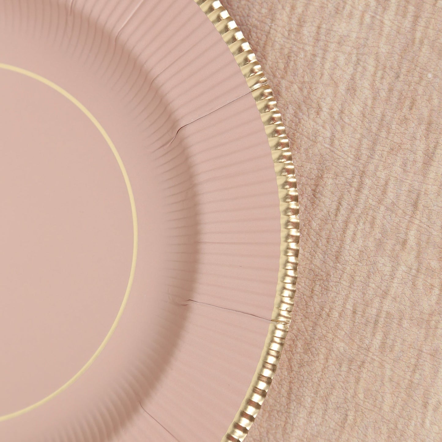 25-Pack Paper 8" Round Dessert Plates in Dusty Rose Sunray Design with Gold Rim - Disposable Heavy Duty 350GSM Appetizer Salad Plates