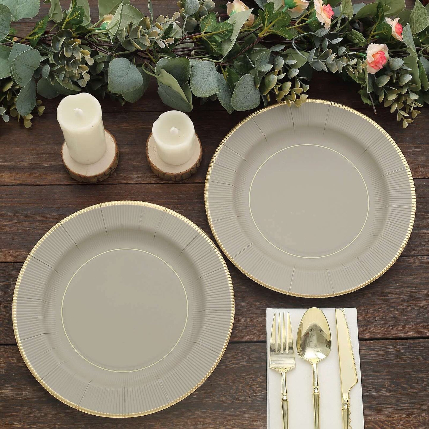 25-Pack Paper 10" Round Dinner Plates in Taupe Sunray Design with Gold Rim - Disposable Heavy Duty 350GSM Party Plates