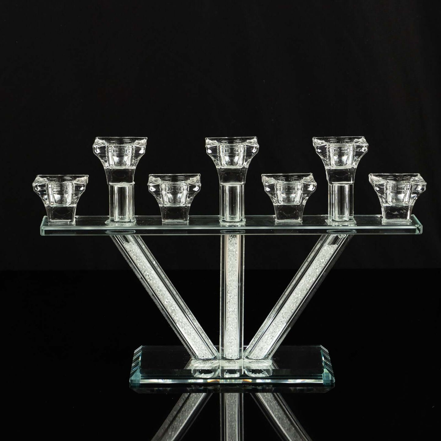 Crystal Glass Candelabra, 7-Branch Taper Candle Stick Holder Stand Table Centerpiece With Crystal Filler and Mirror Base 12"