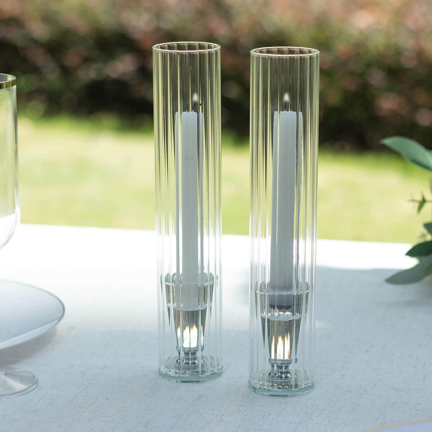 2-Pack Clear Ribbed Glass Hurricane Shades Open End Design - Stylish Candelabra Pillar Candle Holder Table Centerpiece 10"