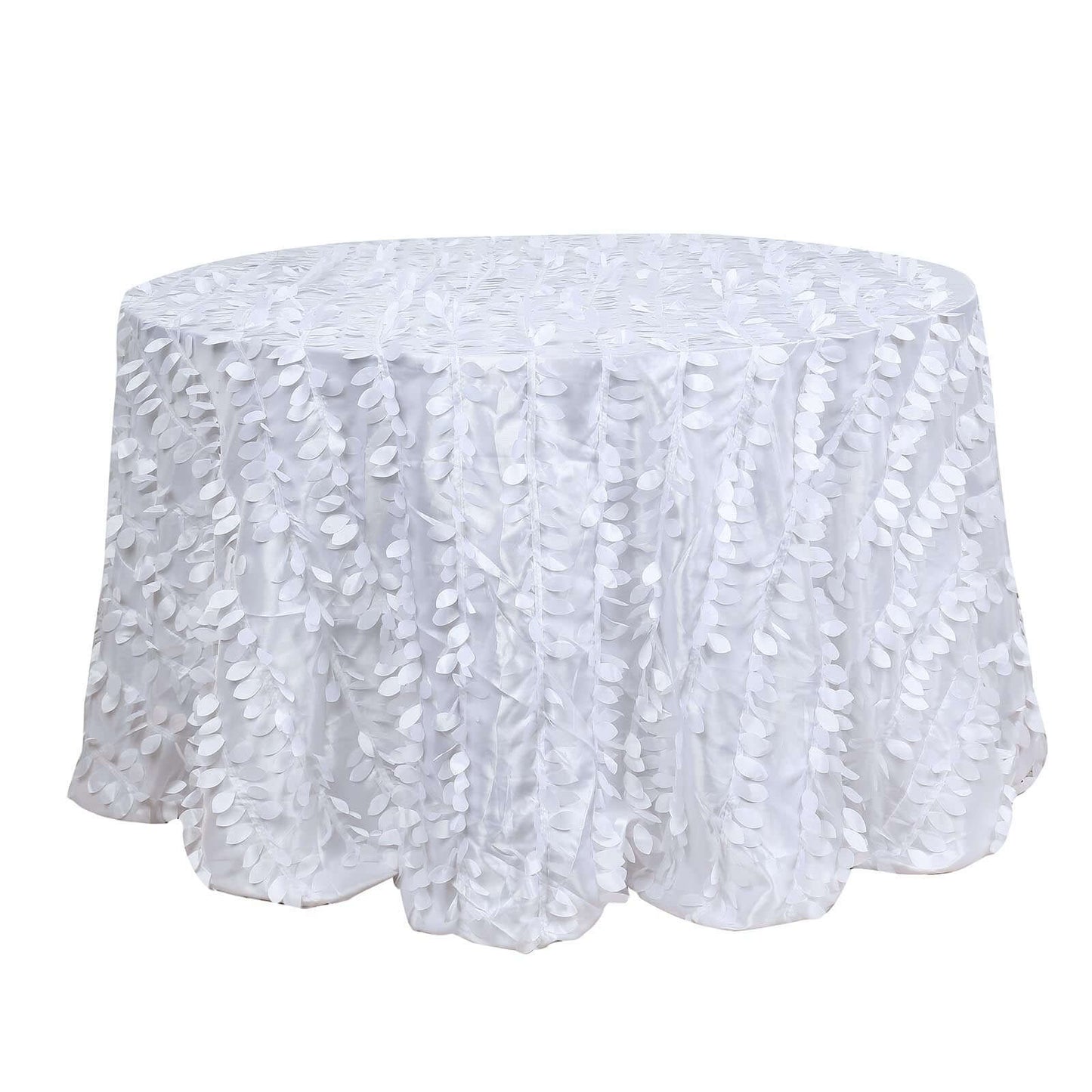 Taffeta 120" Round Tablecloth White | 3D Leaf Petal Design Seamless Table Cover for Chic Wedding & Event Decor