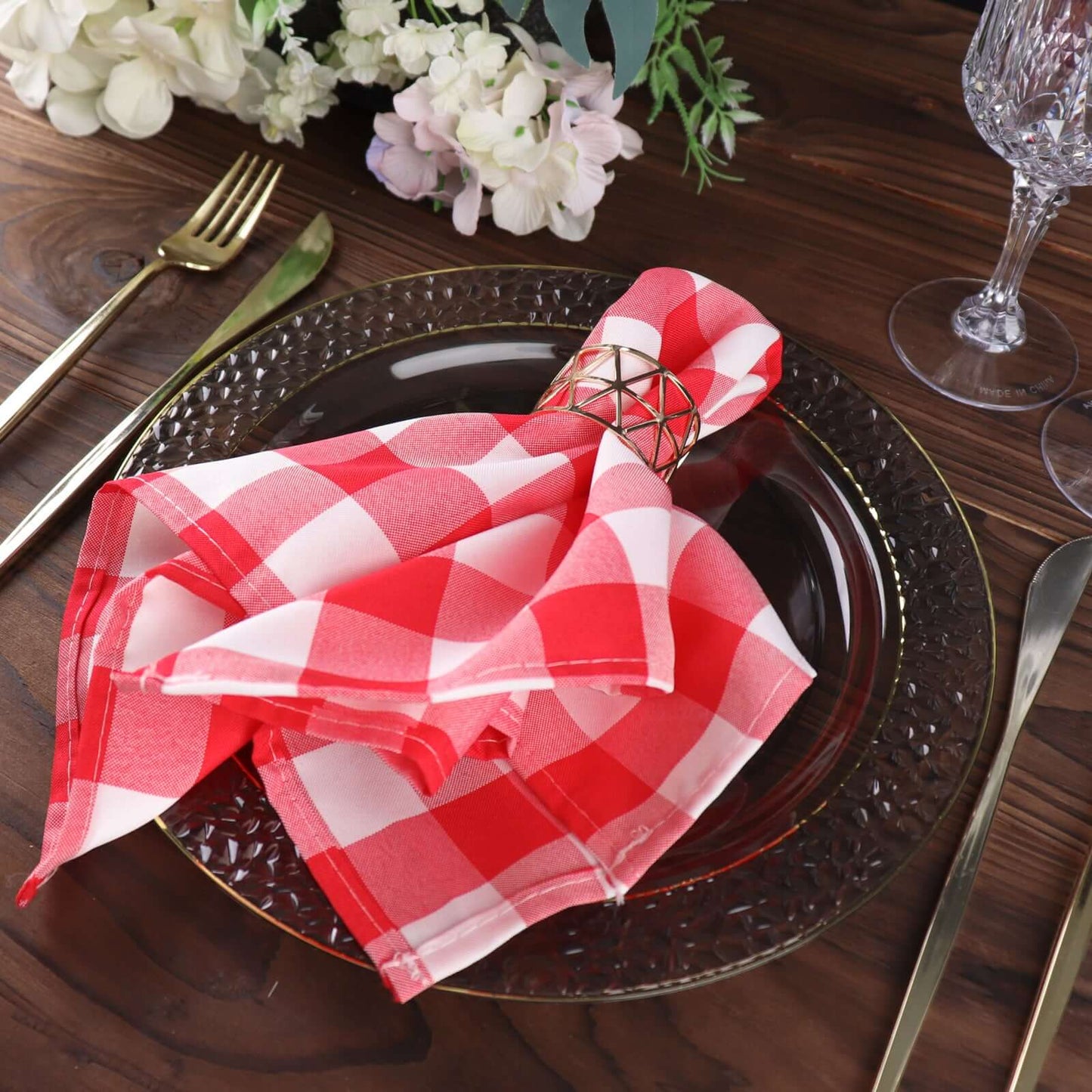 5 Pack Polyester 15"x15" Napkins Red/White Buffalo Plaid Gingham Style Cloth Napkins