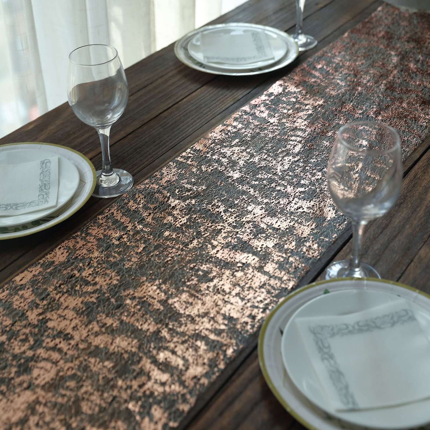 Mesh Polyester 108" Table Runner Roll Metallic Rose Gold - Distressed Foil Look Disposable Table Decor