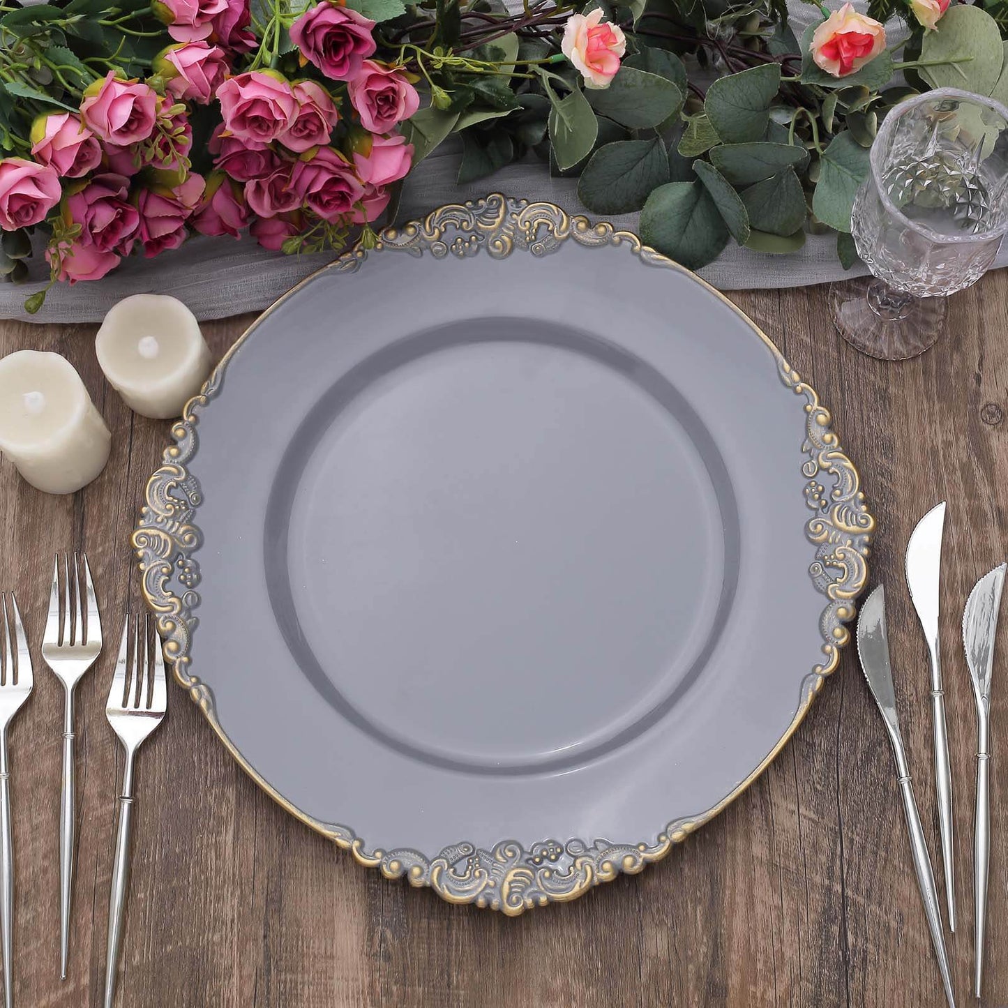 6-Pack Acrylic Round Charger Plates 13" in Charcoal Gray with Gold Embossed Baroque Rim, Antique Decorative Dinner Party Charger Tableware