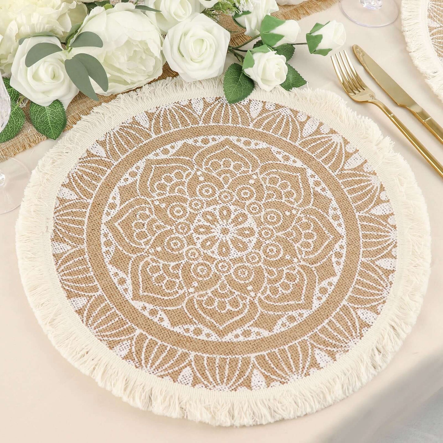4-Pack Placemats Mandala Print Fringe Design Natural Jute and White Round - Rustic Burlap Tassel Style 15"