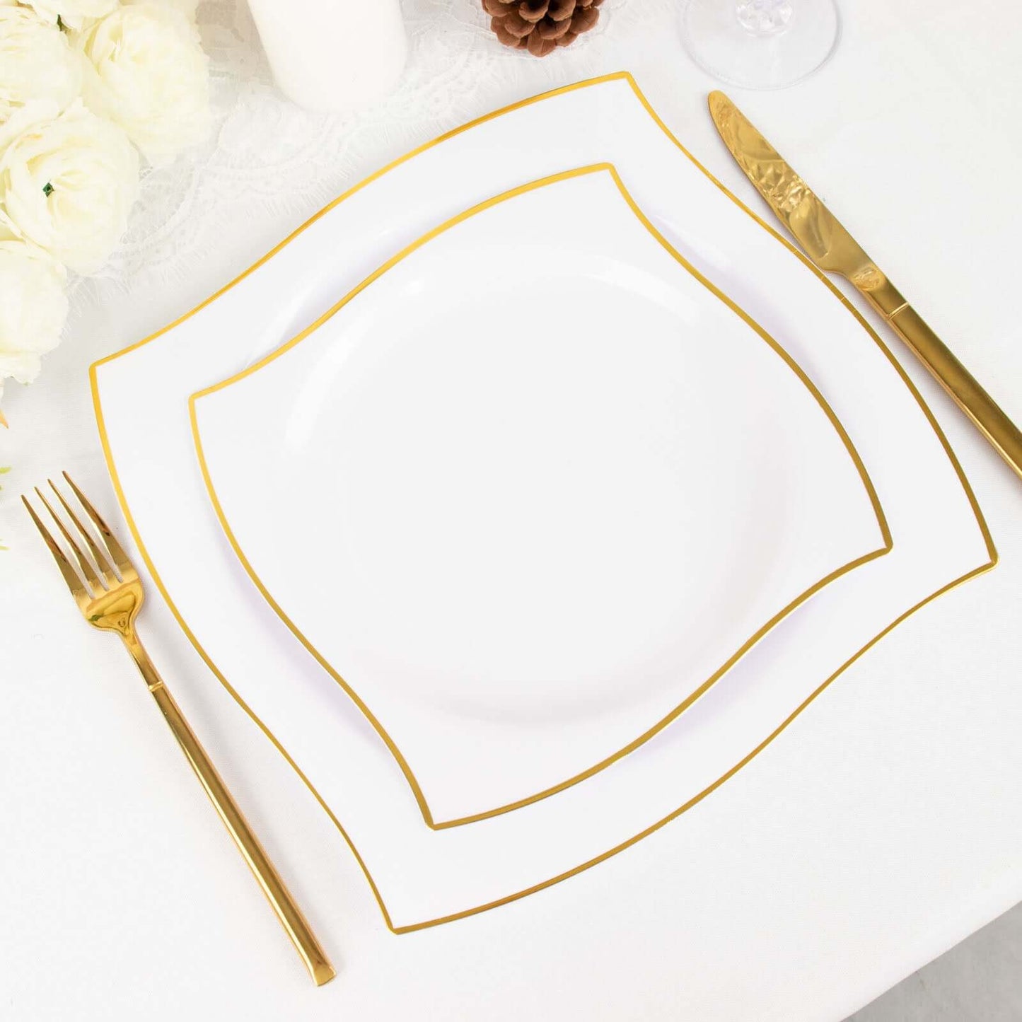 10-Pack Plastic 8" Square Dessert Plates in White with Gold Wavy Rim Modern - Disposable Salad Appetizer Party Plates for Luxe Events & Banquets