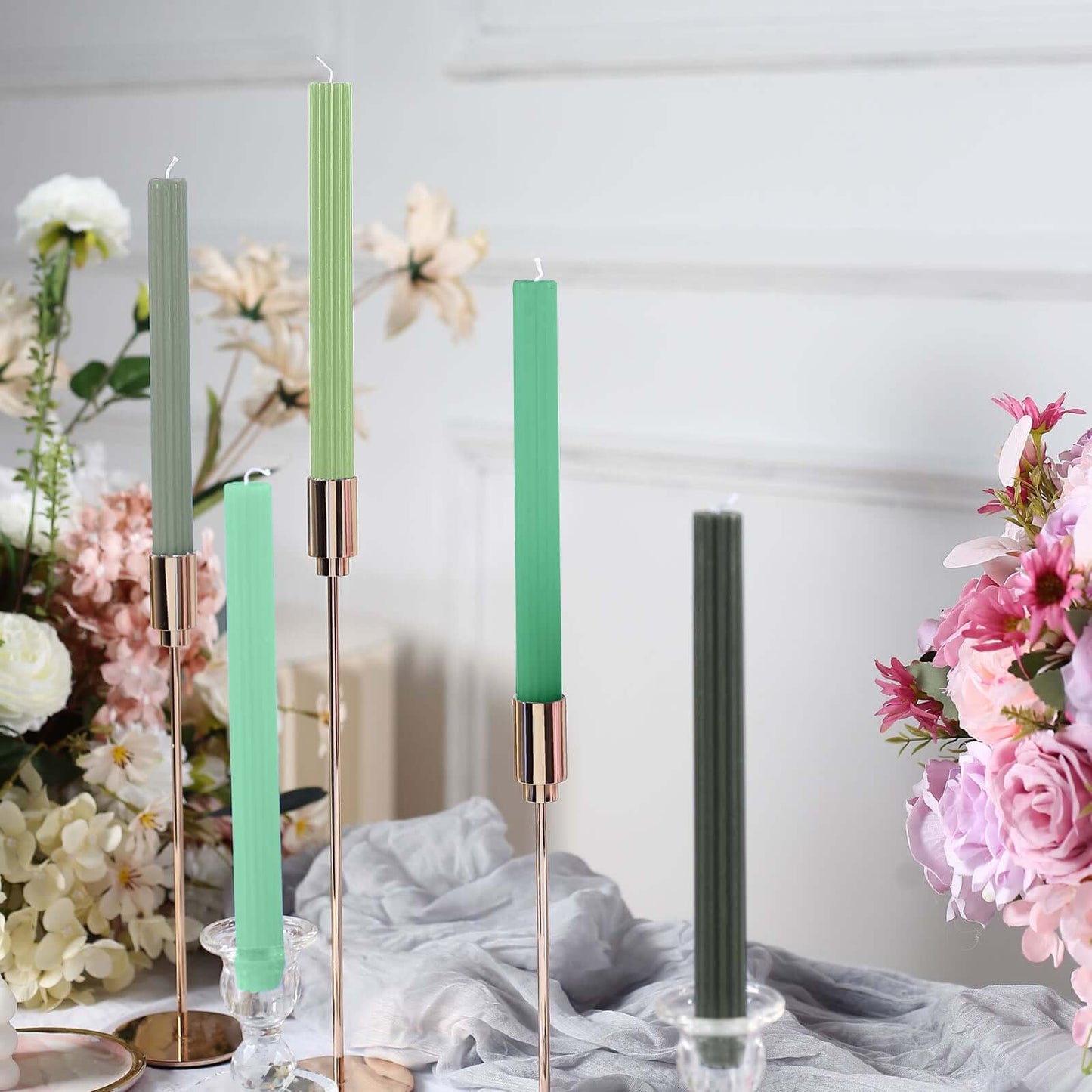 5-Pack Taper Candles Ribbed Wick Ribbon Wax Design Assorted Green - Premium Unscented Dinner Candles 9"