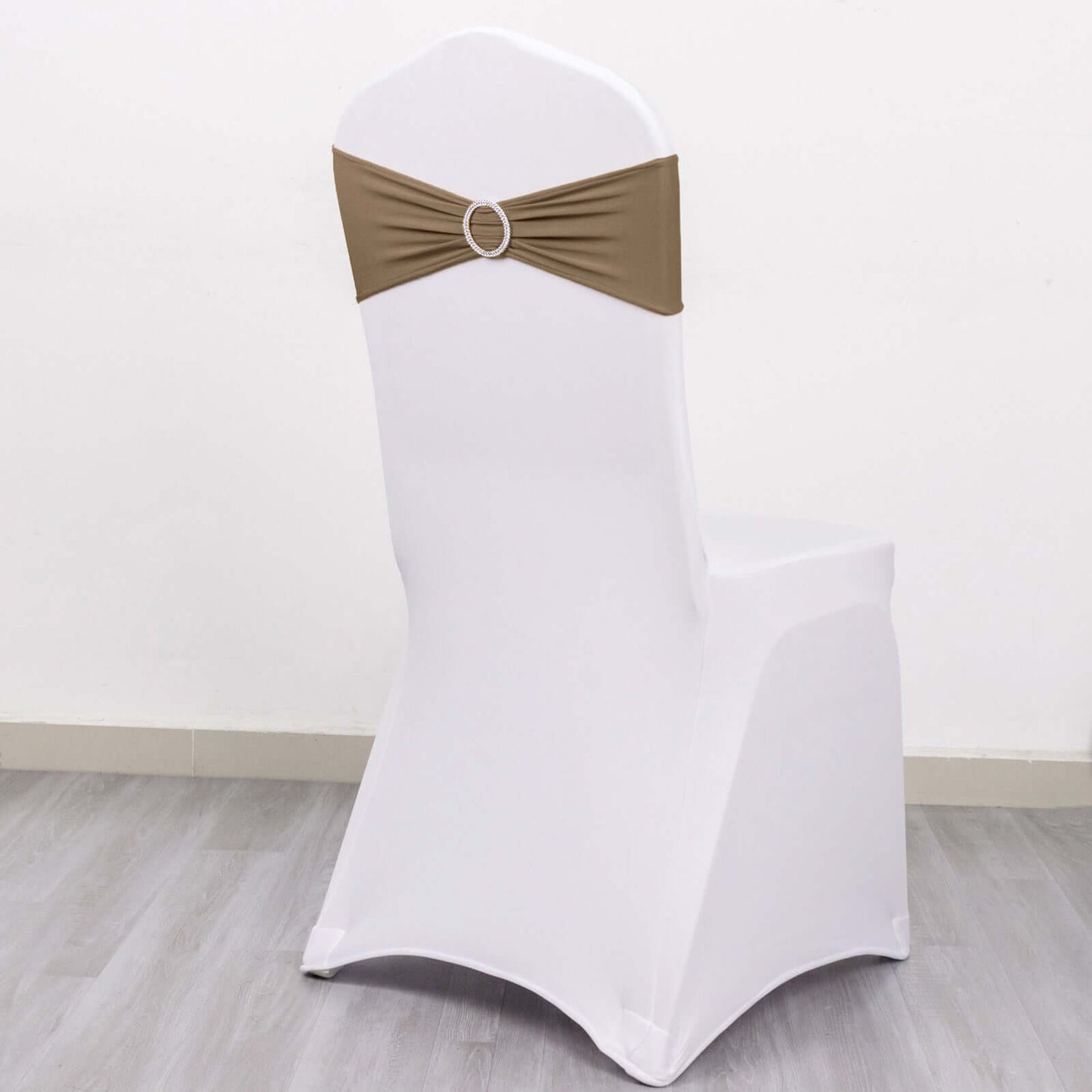 5 Pack Stretch Spandex Chair Sashes Taupe - Reusable Chair Bands with Silver Diamond Ring Slide Buckle 5"x14"