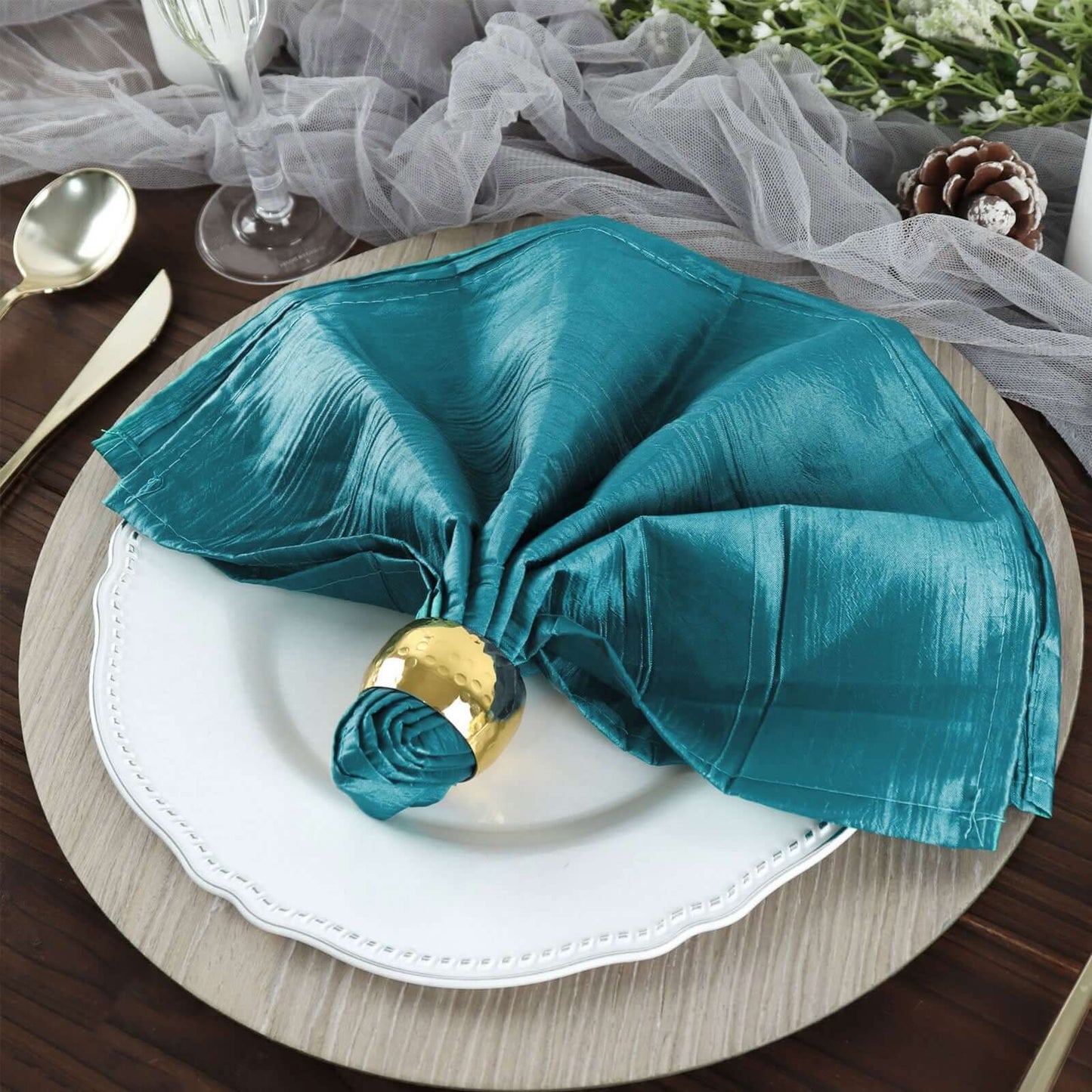 5 Pack Taffeta 20"x20" Napkins Peacock Teal - Accordion Crinkle Dinner Napkins