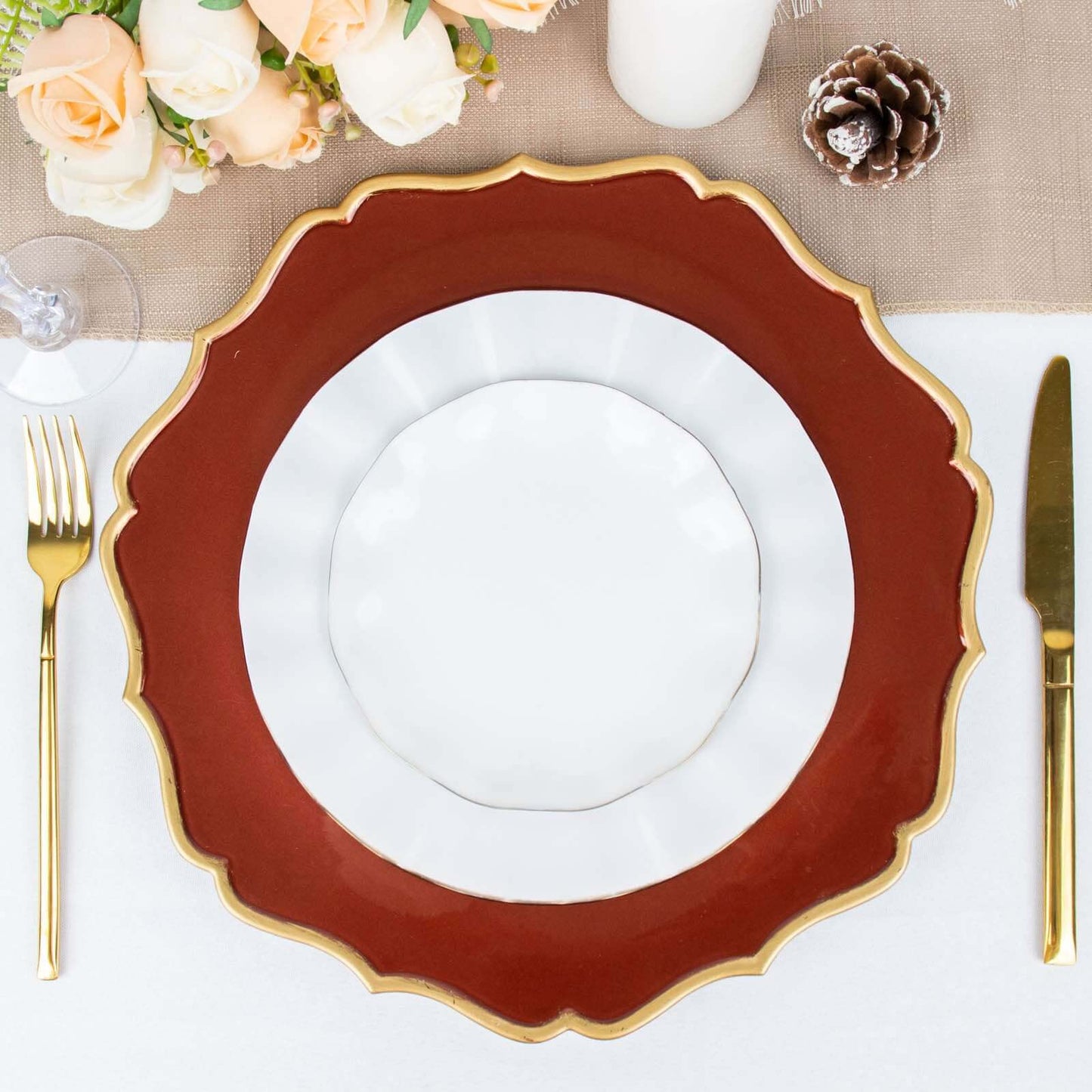6-Pack Acrylic Round Charger Plates 13" in Terracotta (Rust) with Gold Scalloped Rim, Decorative Dinner Party Plastic Charger Tableware