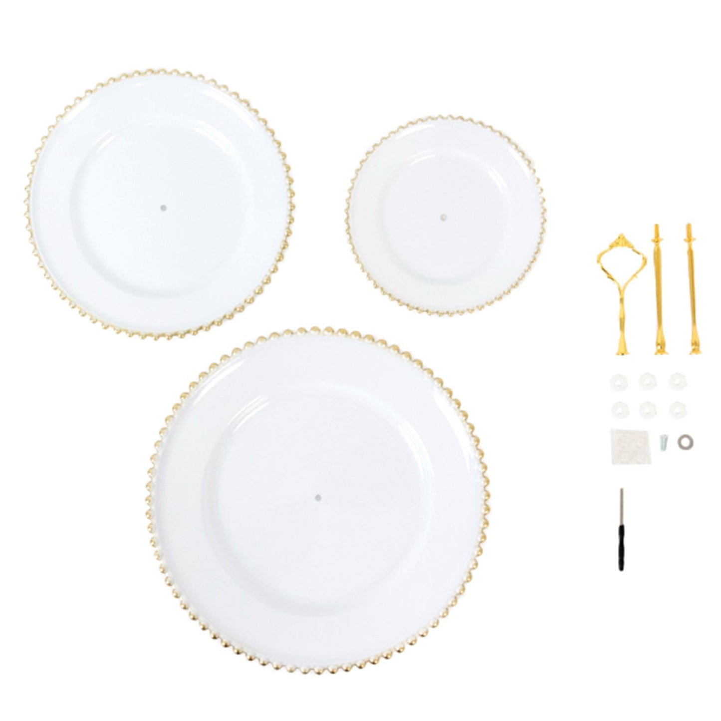 14" White 3-Tier Plastic Dessert Display Stand With Gold Beaded Rim, Round Cupcake Tower Tea Party Serving Platter With Top Handle