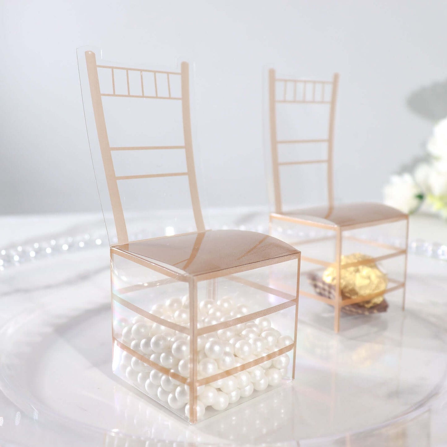 25 Pack Clear and Gold PVC Chiavari Chair-Shaped Party Favor Candy Gift Boxes - 2"x5"