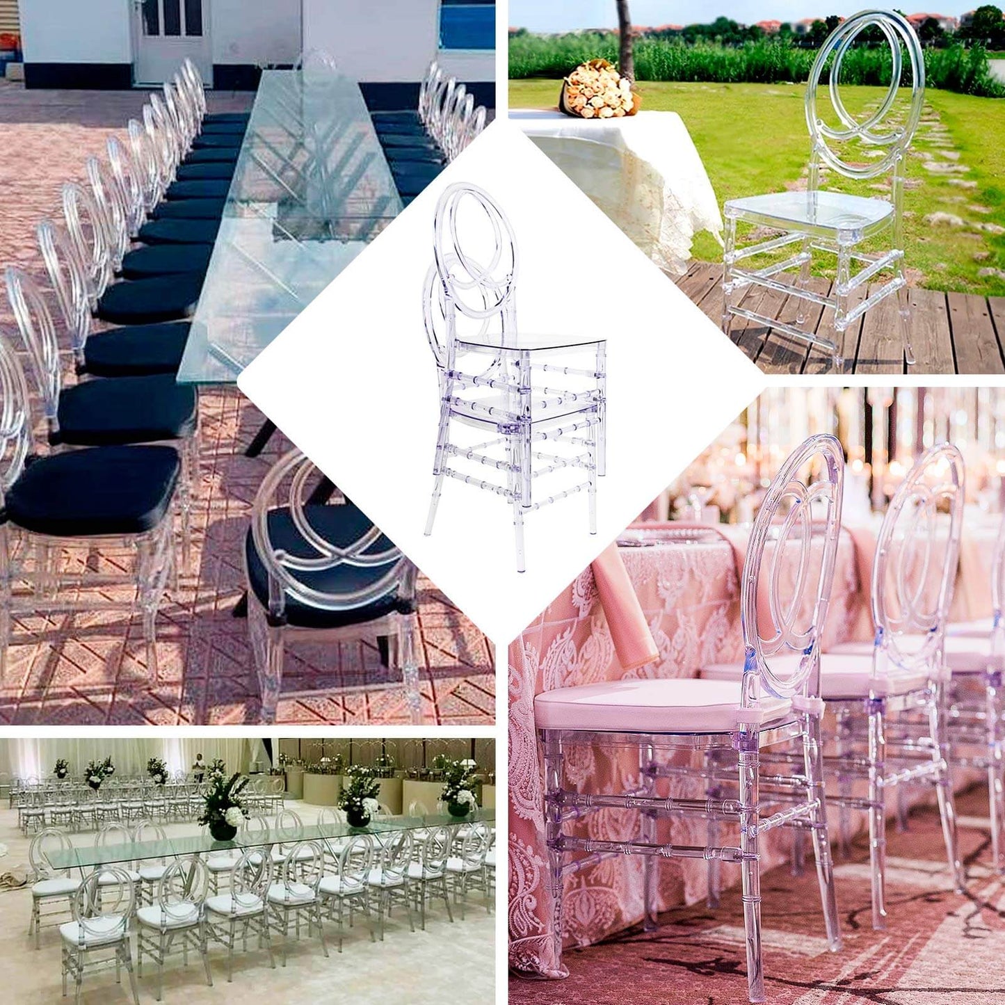 8-Pack Acrylic Stackable Ghost Chairs in Phoenix Chiavari Style Transparent Resin with Oval Back Clear â€“ Sleek Armless Design for Weddings & Gatherings