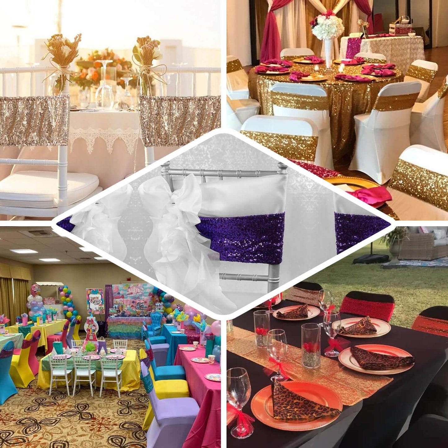 5 Pack Sequin Spandex Chair Sashes Turquoise - Stretch Chair Bands 6"x15"