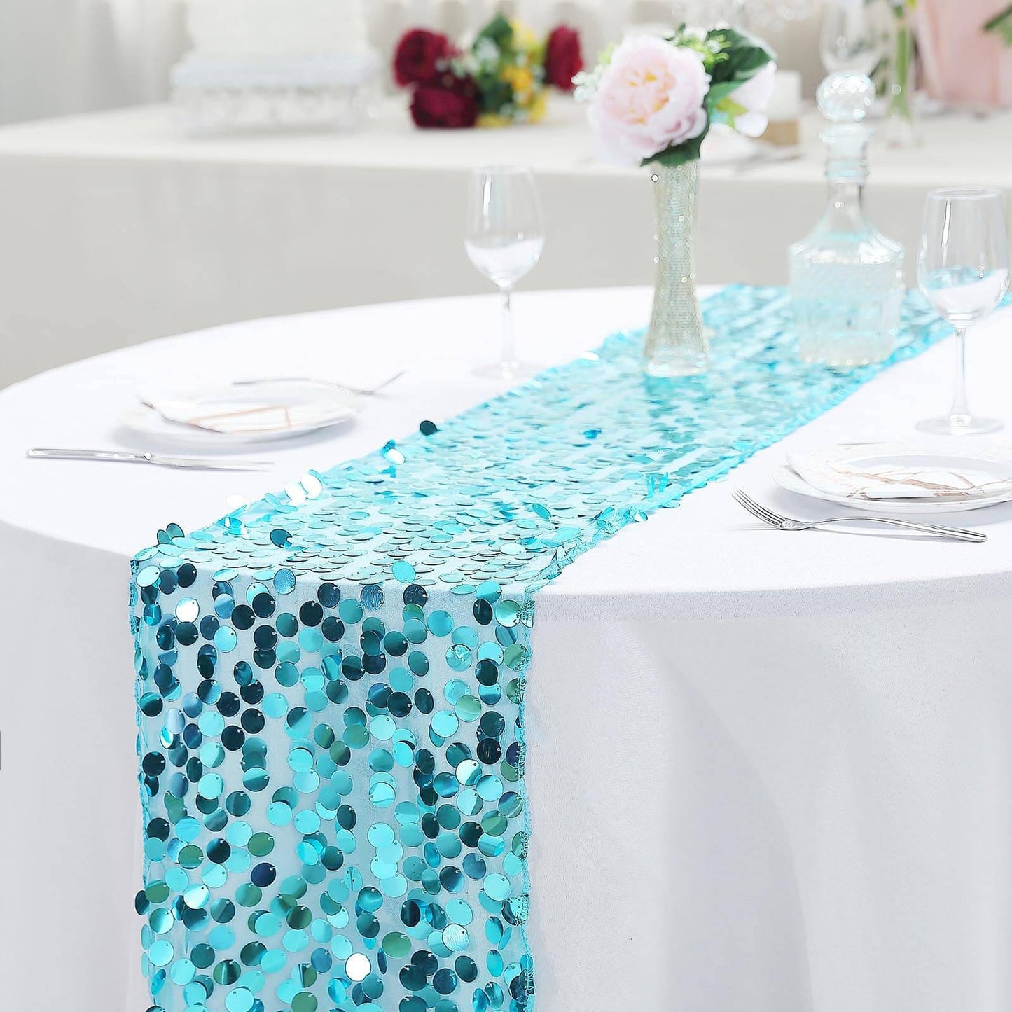 Big Payette Sequin 13"x108" Table Runner Turquoise - Dazzling Design