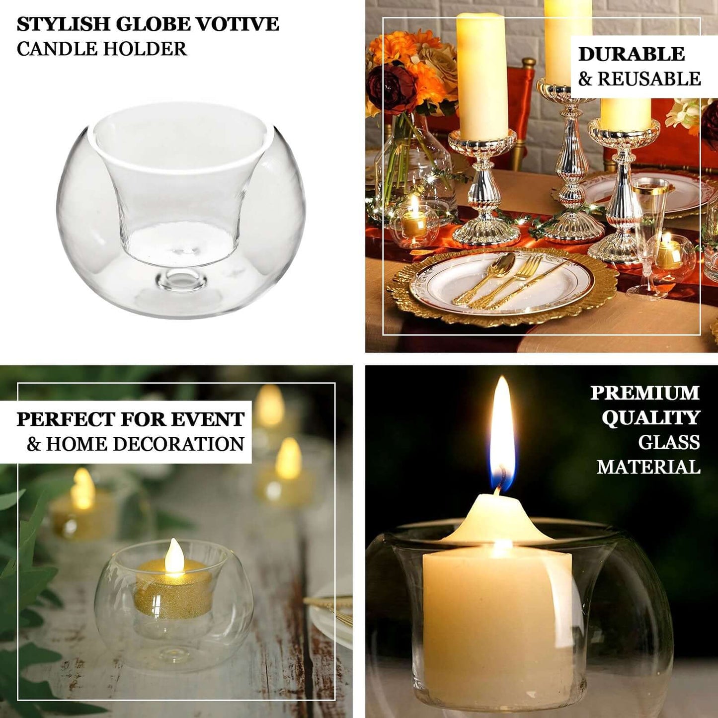 6-Pack Glass Tealight Candle Holders Crystal Clear Globe Design - Votive Candle Holders for Events 3"