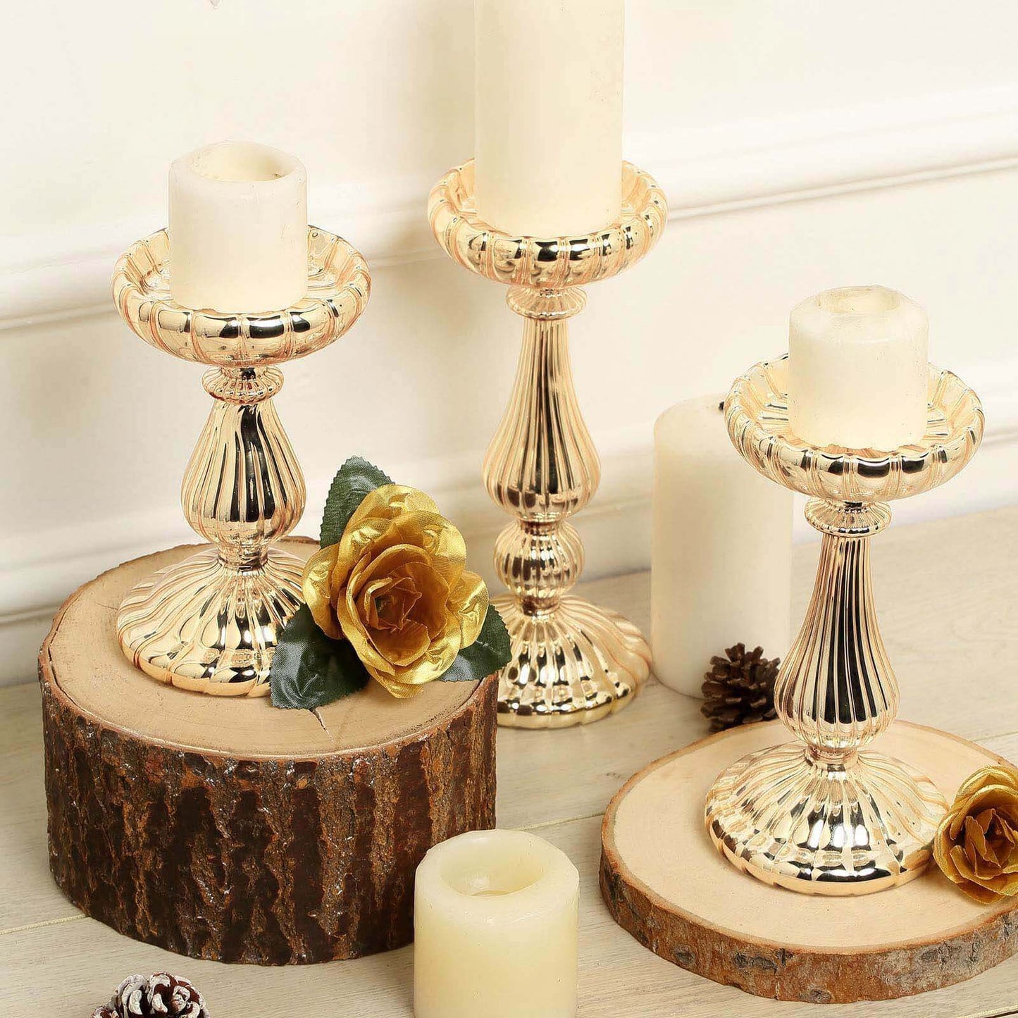 Set of 3 Candle Holder Stands Gold Mercury Glass Pillar Design - Stylish Votive Centerpieces for Tables & Decor 7", 8", 10"