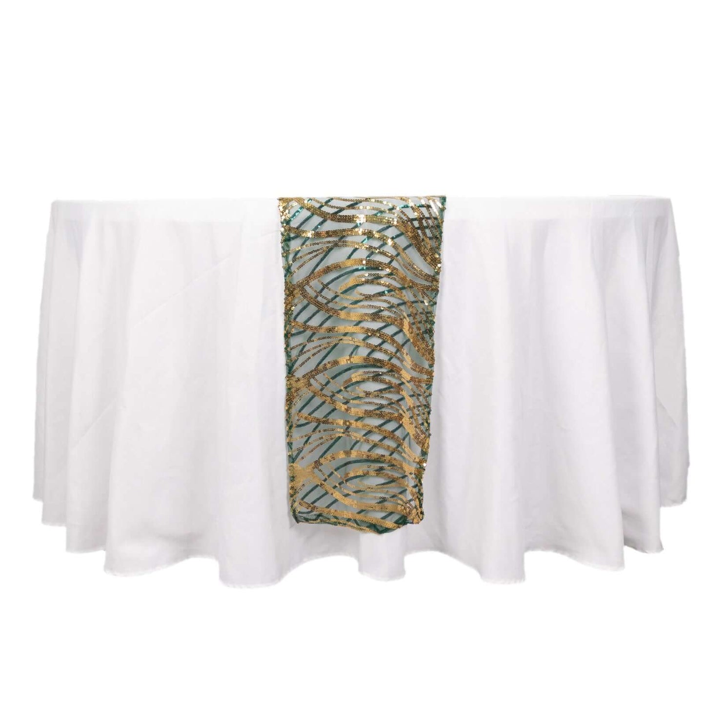 Sequin Mesh 12"x108" Table Runner Hunter Emerald Green/Gold Stylish Wave Embroidery