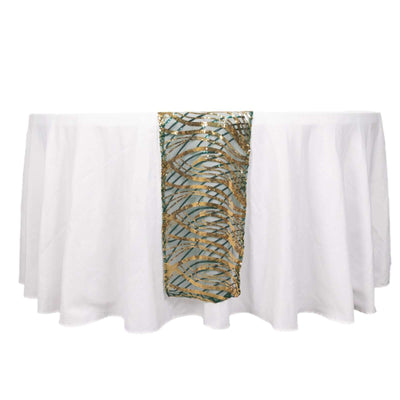 Sequin Mesh 12"x108" Table Runner Hunter Emerald Green/Gold Stylish Wave Embroidery