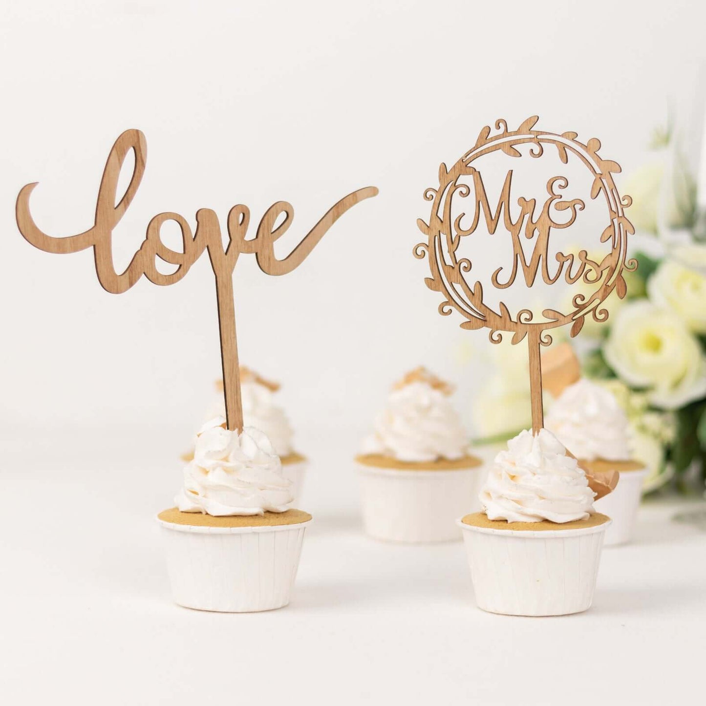 Set of 2 Wooden Cake Toppers Mr & Mrs and Love Design Natural - Rustic Wedding Cupcake Decorations