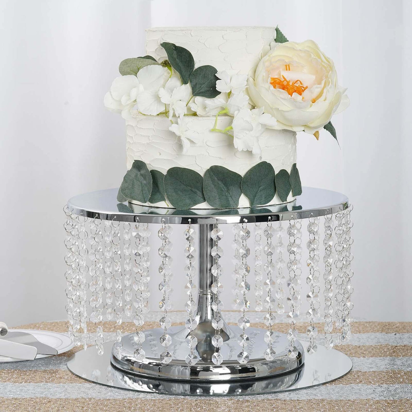Metal Cake Stand Round Design Metallic Silver with Crystal Chains 14" Dia - Cupcake Dessert Pedestal 8" Tall
