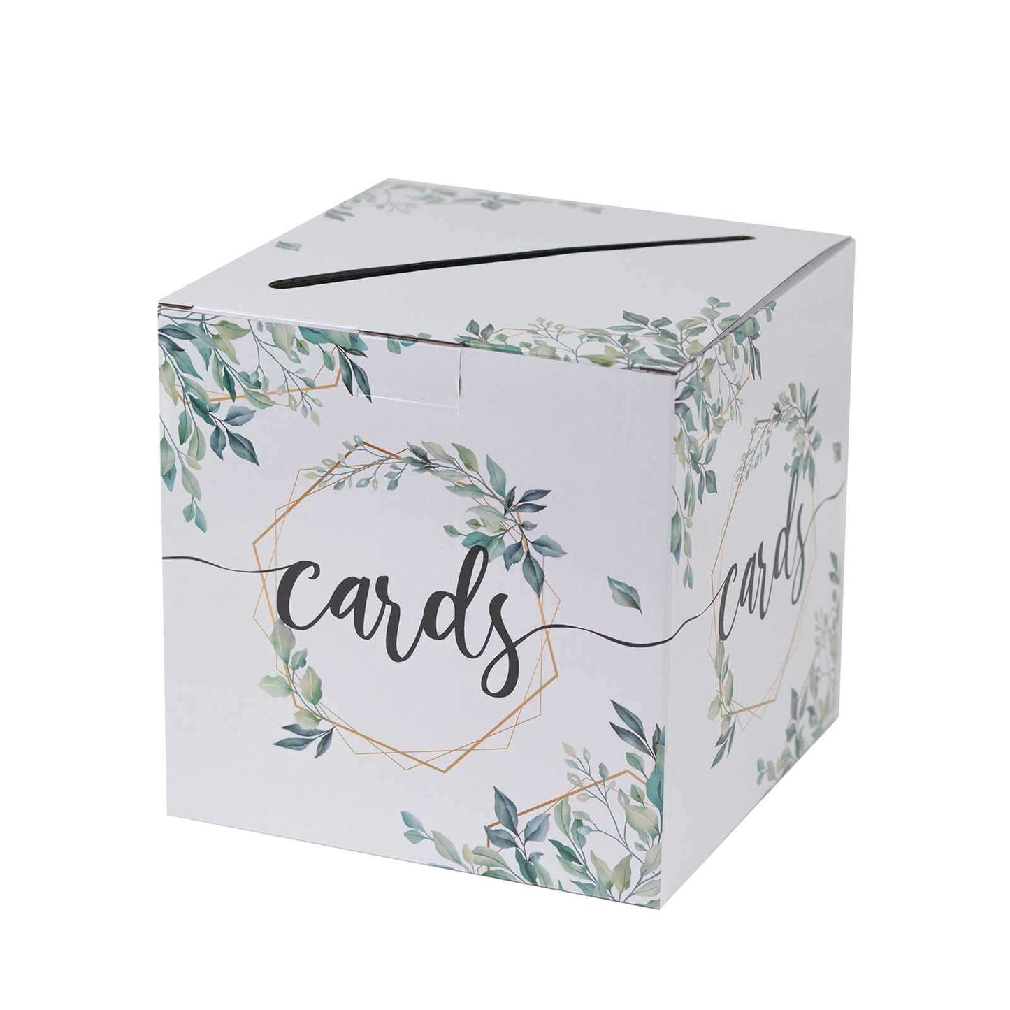 Greenery Theme Wedding Reception Gift Card Box with Geometric Gold Foil Print, Collapsible Money Card Box - 8"x8"