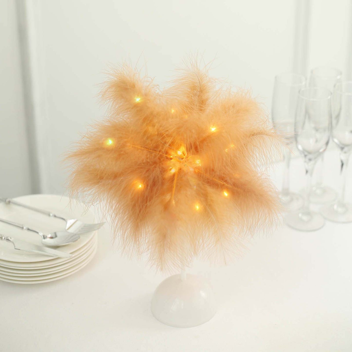 Table Lamp Feather Design Natural LED Battery Operated - Cordless Wedding Centerpiece 15"