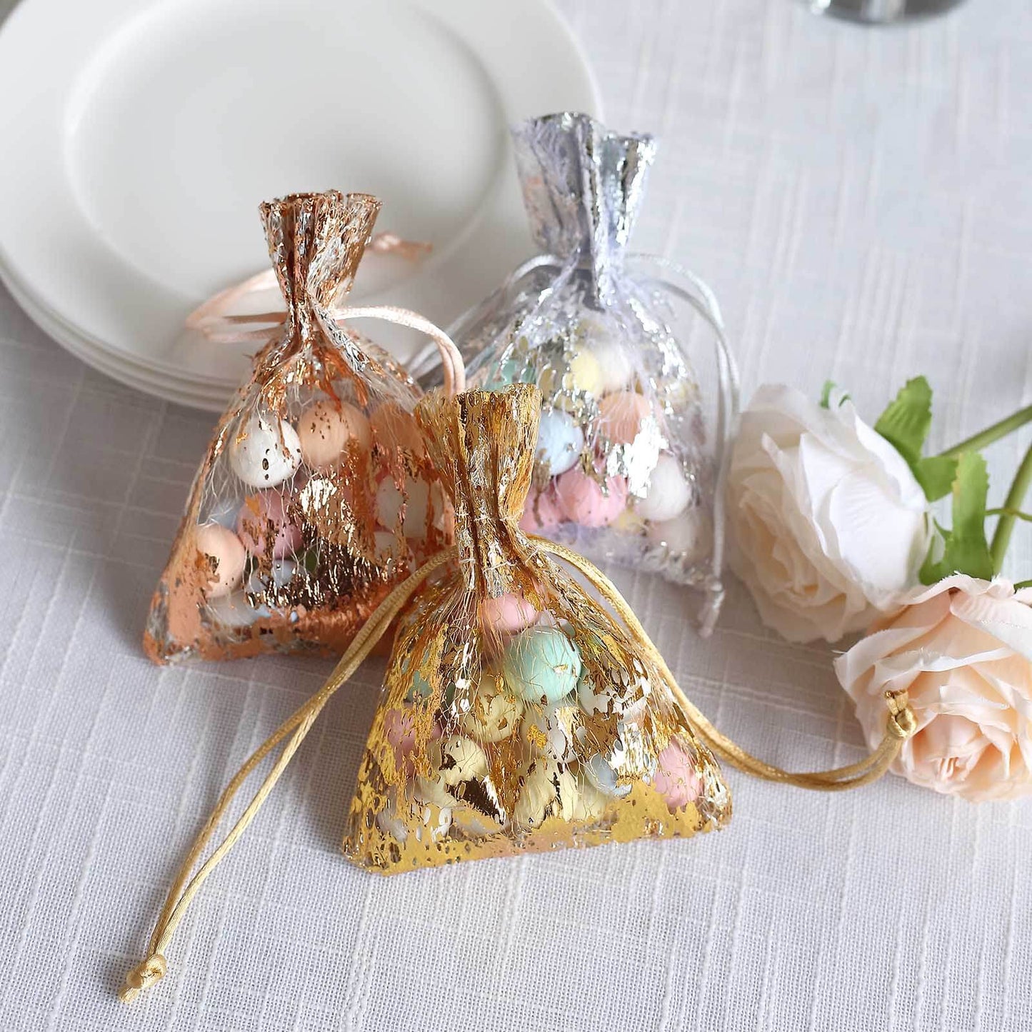 12 Pack Metallic Gold Foil Polyester Drawstring Candy Bags, Wedding Party Favor Bags - 4"x5"