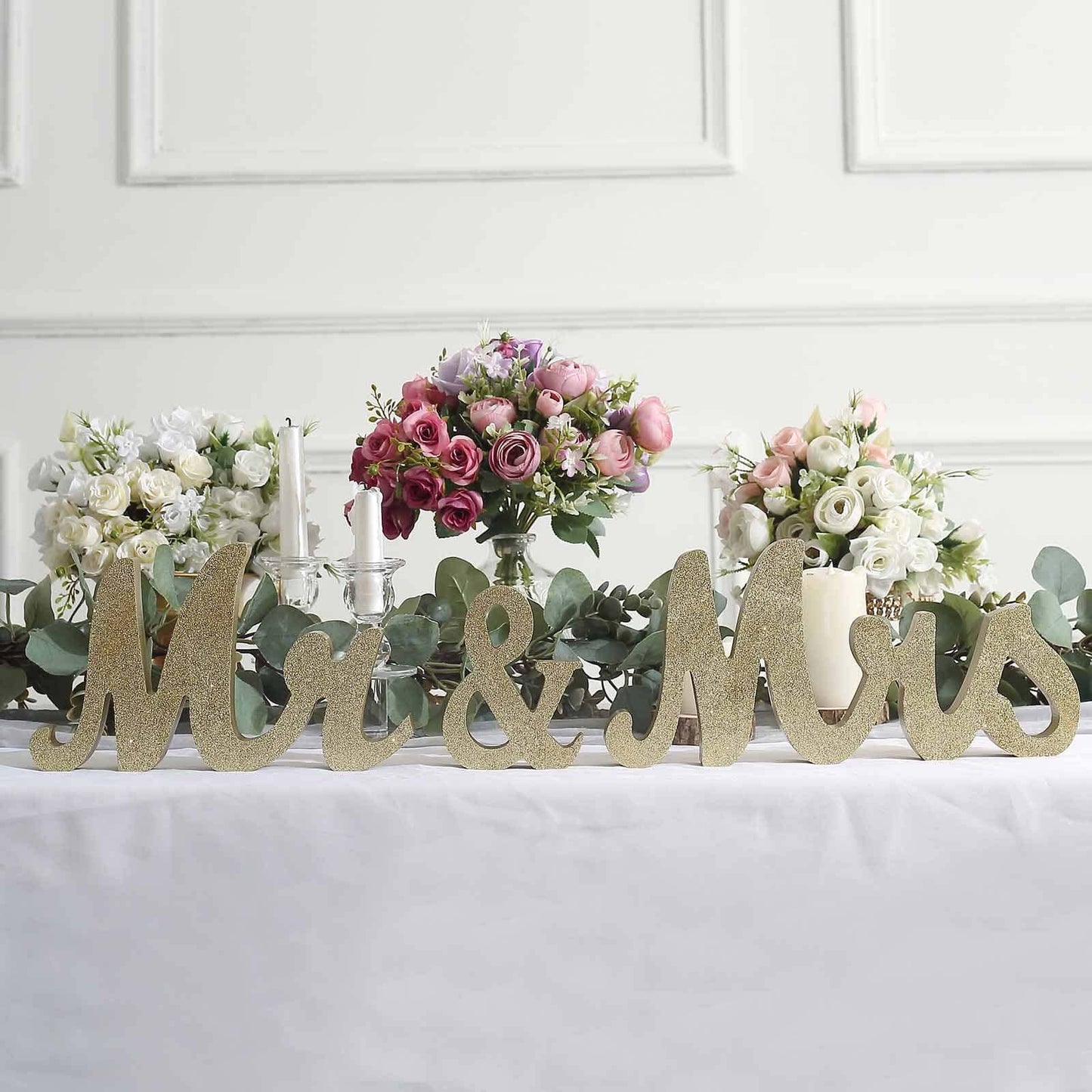 Wooden "Mr & Mrs" Freestanding Letters Gold Glittered - Rustic Glam Wedding Table Display Signs