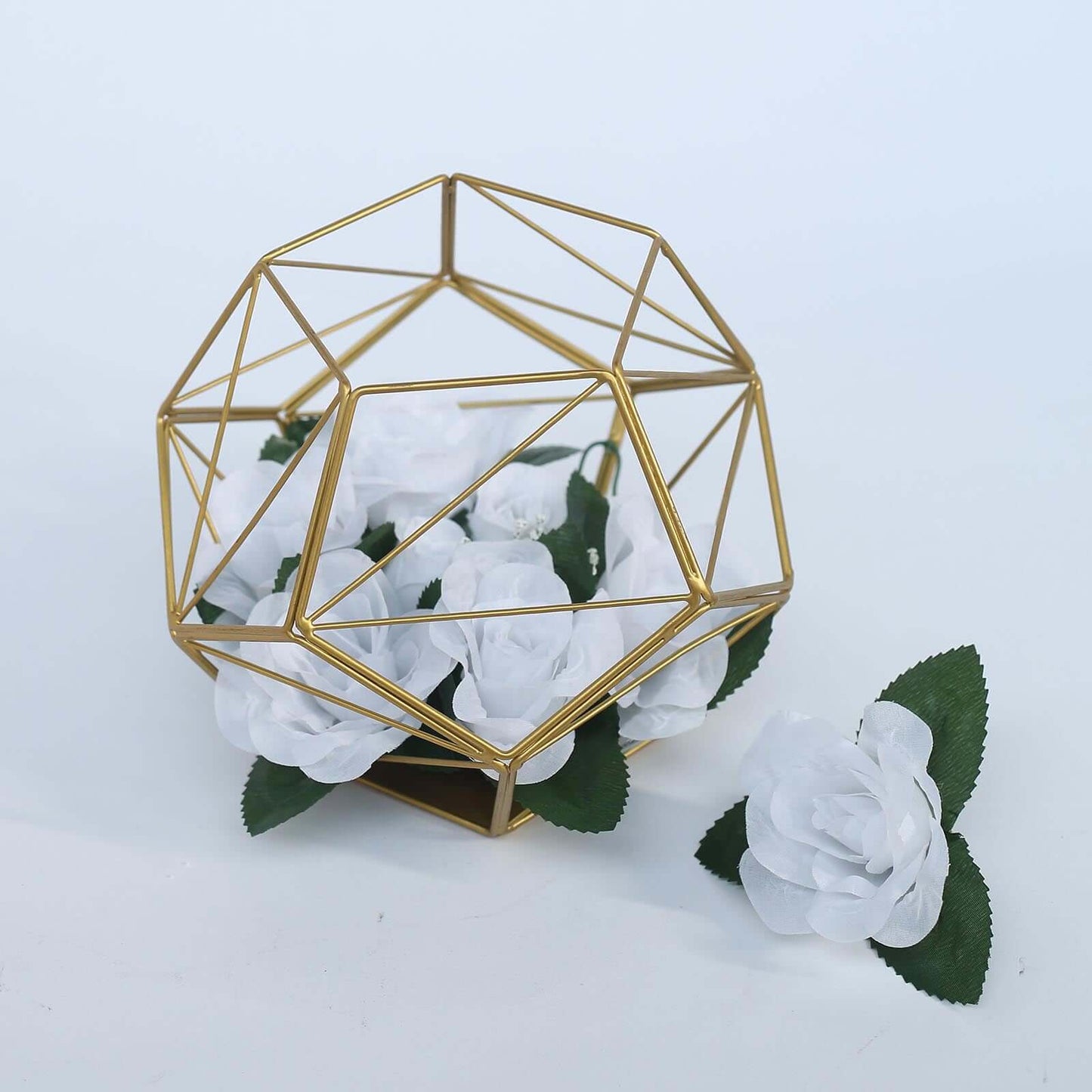 Tealight Candle Holder Gold Metal Pentagon Prism Geometric Open Frame - Flower Stand 7"
