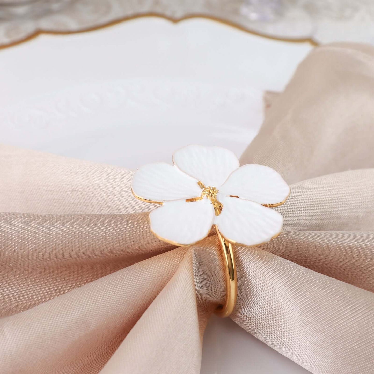 4 Pack White and Gold Metal Flower Napkin Rings, Floral Serviette Buckle Napkin Holder Set - Plum Blossom Design