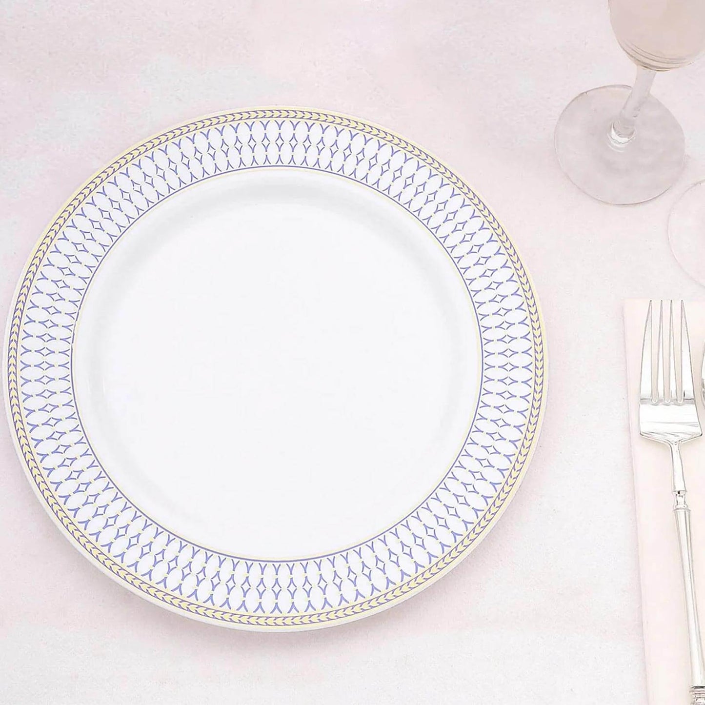 10-Pack Plastic 10" Round Dinner Plates in White with Gold Navy Blue Chord Rim - Renaissance Style Disposable Plates for Events & Banquets