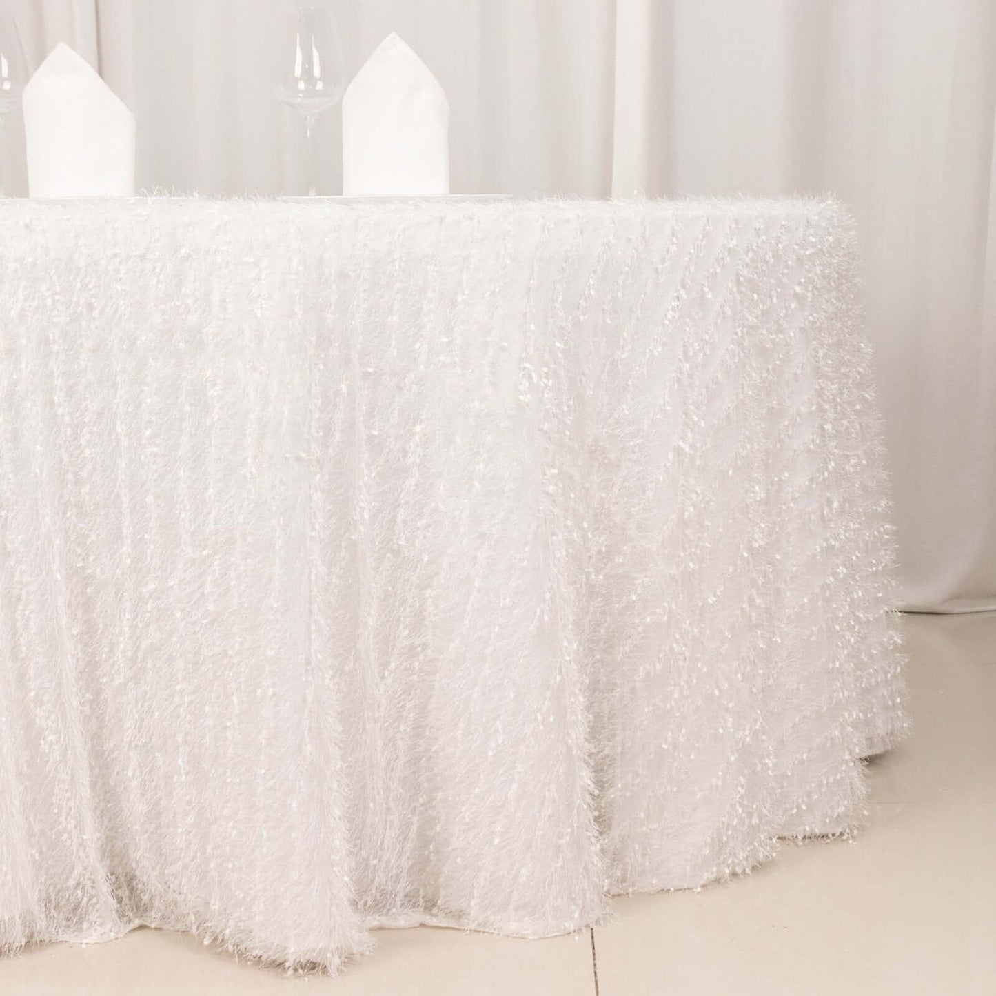 Polyester 120" Round Tablecloth White with Shaggy Fringe Design - Exquisite Table Cover