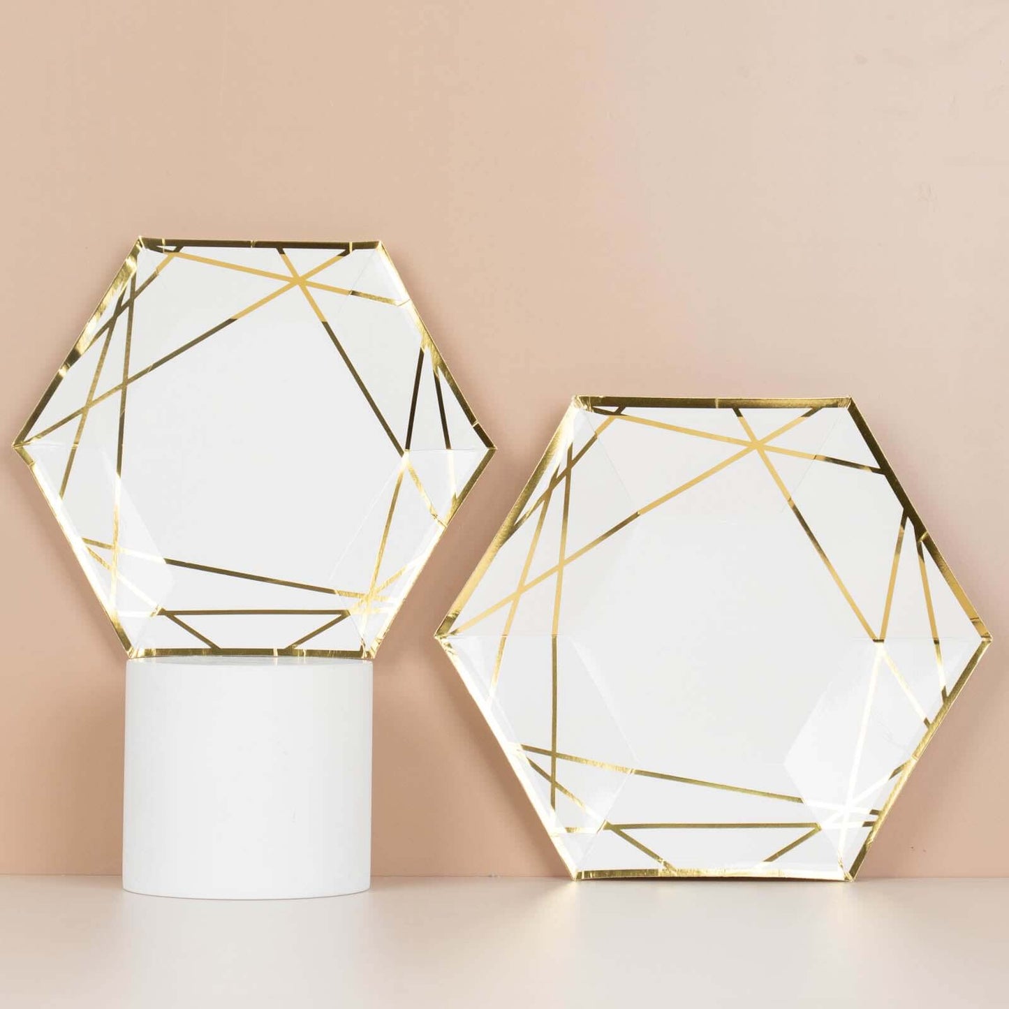 25-Pack Paper 9" Hexagon Dinner Plates in White with Gold Geometric Lines & Rim