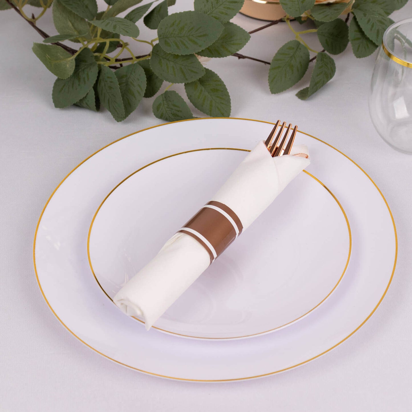 Set of 24 Rose Gold Plastic Silverware with Pre-Rolled White Paper Napkins - Disposable Wrapped Fork, Spoon, and Knife Set