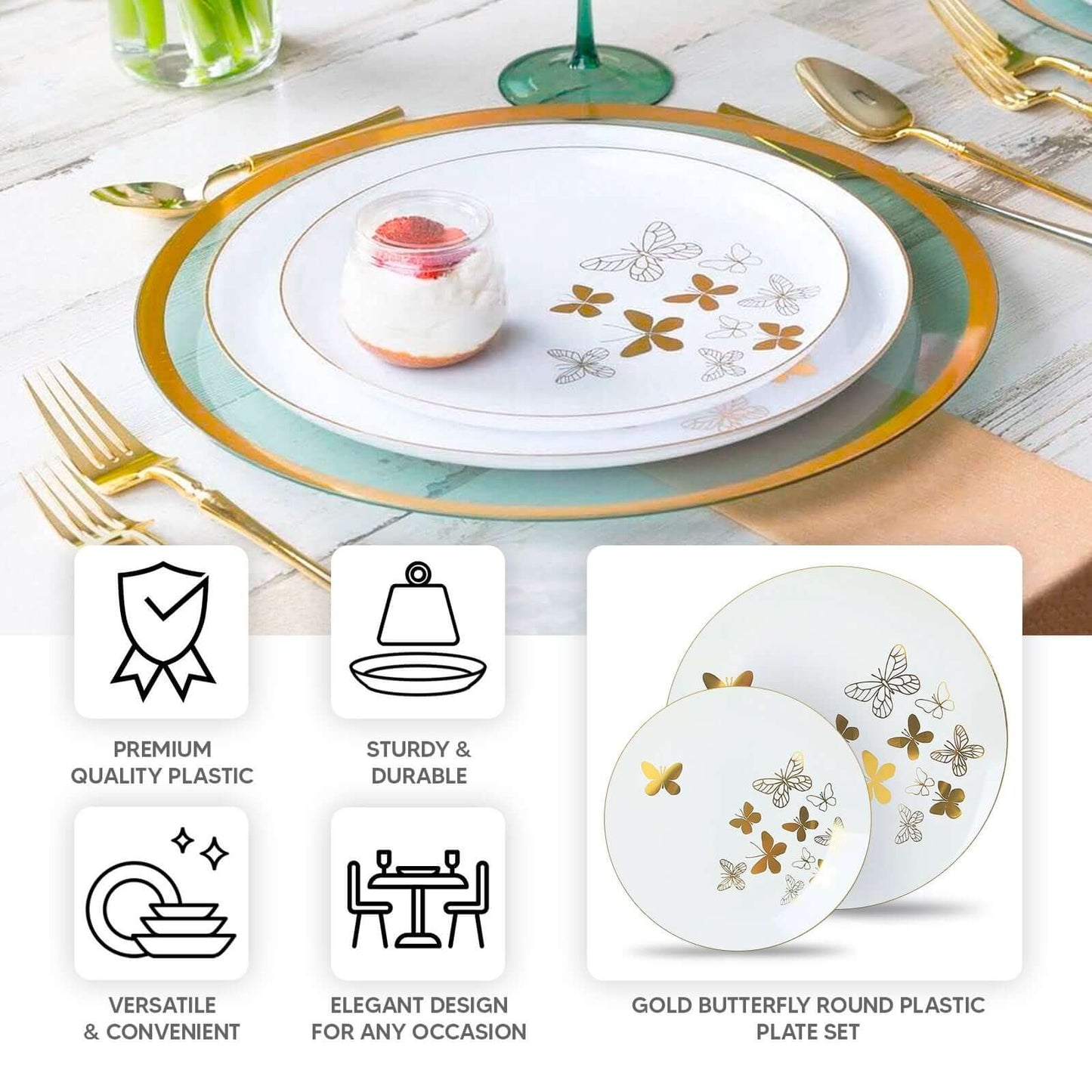 Set of 20 Plastic Round Dinner and Salad Plates in White with Gold Butterfly Design & Gold Rim - Stylish Disposable Dinnerware for Buffets & Catered Events 8", 10"