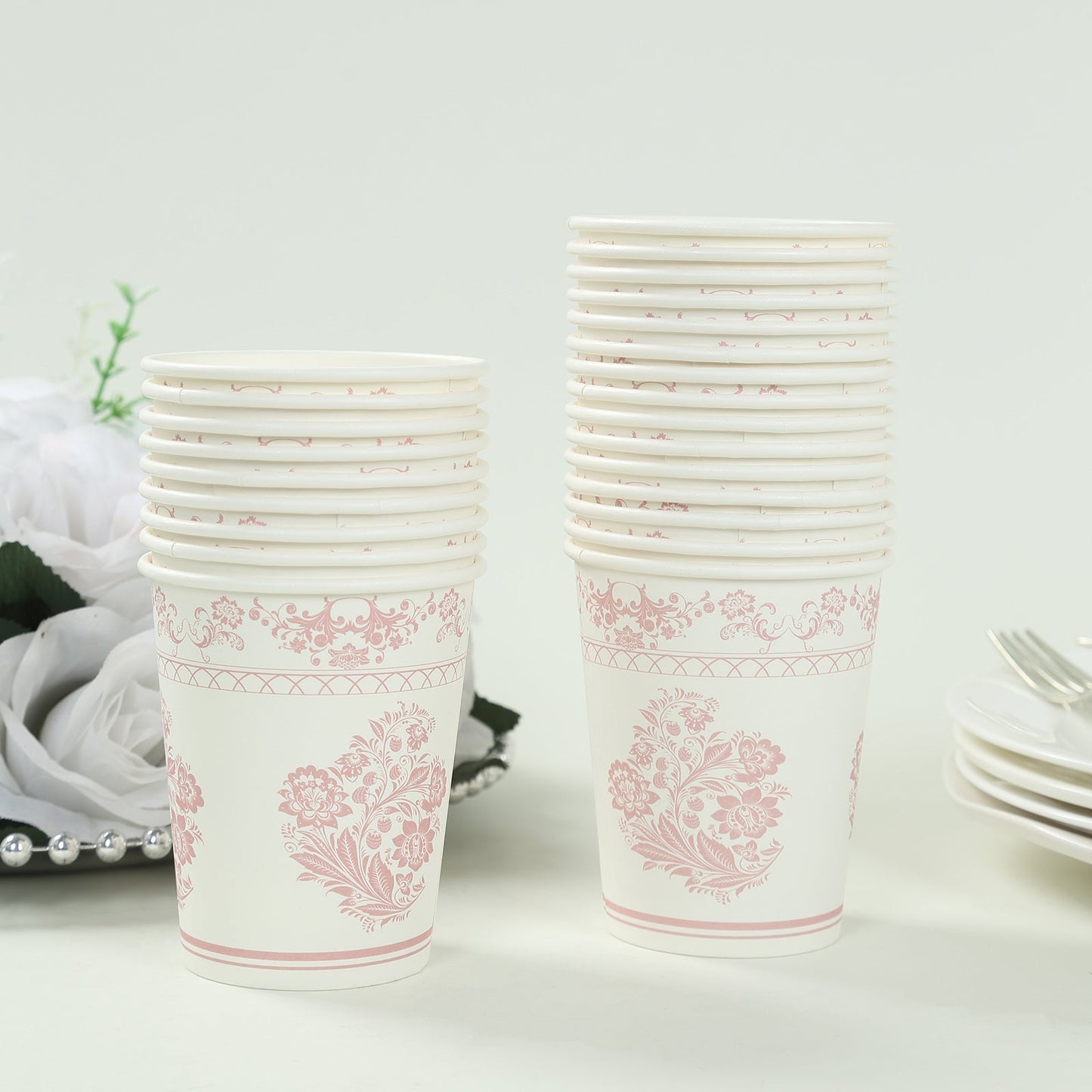 24 Pack Disposable Paper Cups in White Pink Damask Floral Pattern, Elegant Party Cups - 9oz