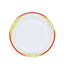 10 Pack White With Red Rim 10" Plastic Dinner Plates, Round With Gold Vine Design