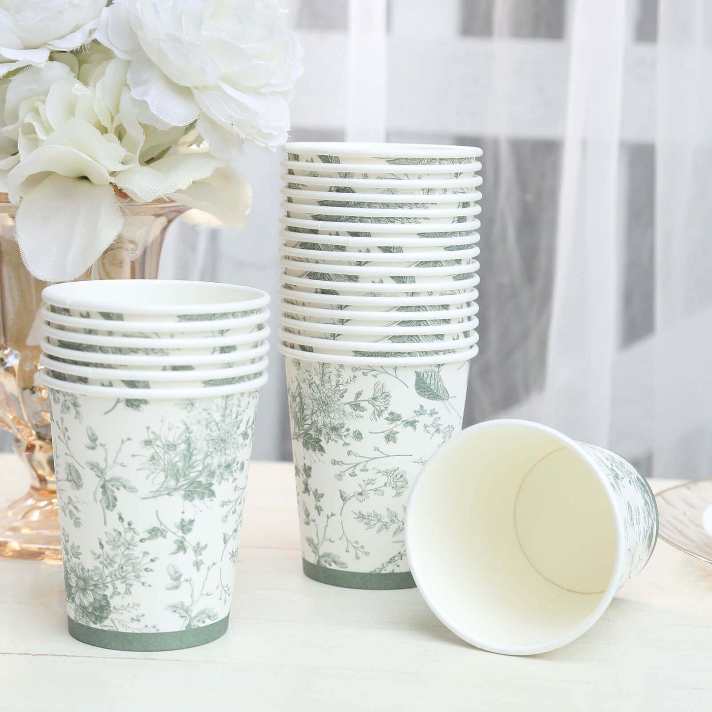 24 Pack Disposable Paper Cups in White Sage Green French Toile Pattern, Elegant Party Cups - 9oz