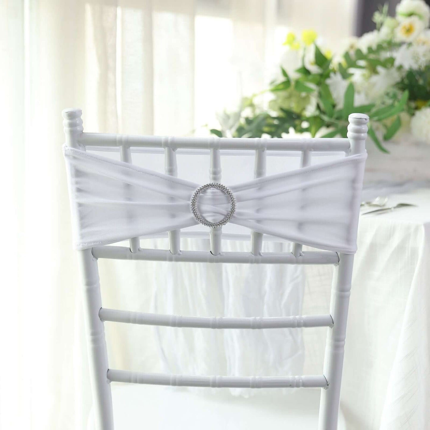 5 Pack Stretch Spandex Chair Sashes White - Classy Reusable Chair Bands with Silver Diamond Ring Slide Buckle 5"x14"