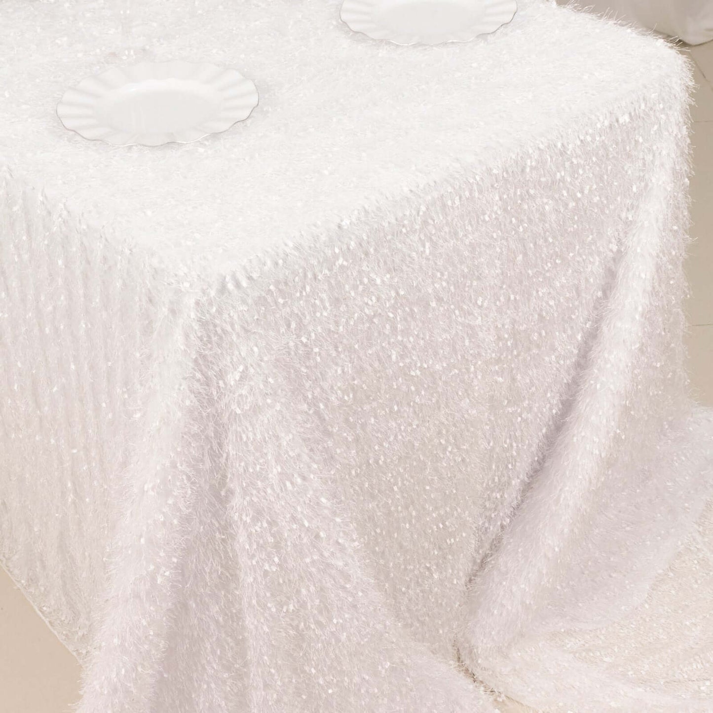 Polyester 90"x156" Rectangle Tablecloth White with Shaggy Fringe Design - Stylish Table Cover
