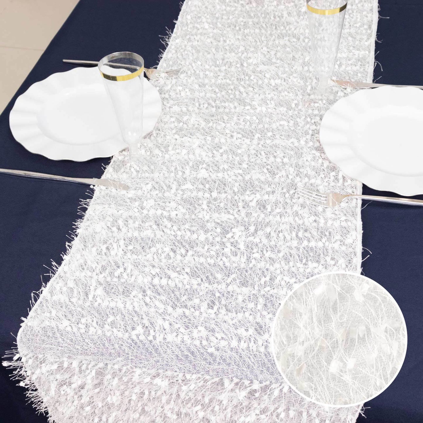 Polyester 12"x108" Table Runner White - Fringe Shag Table Decor