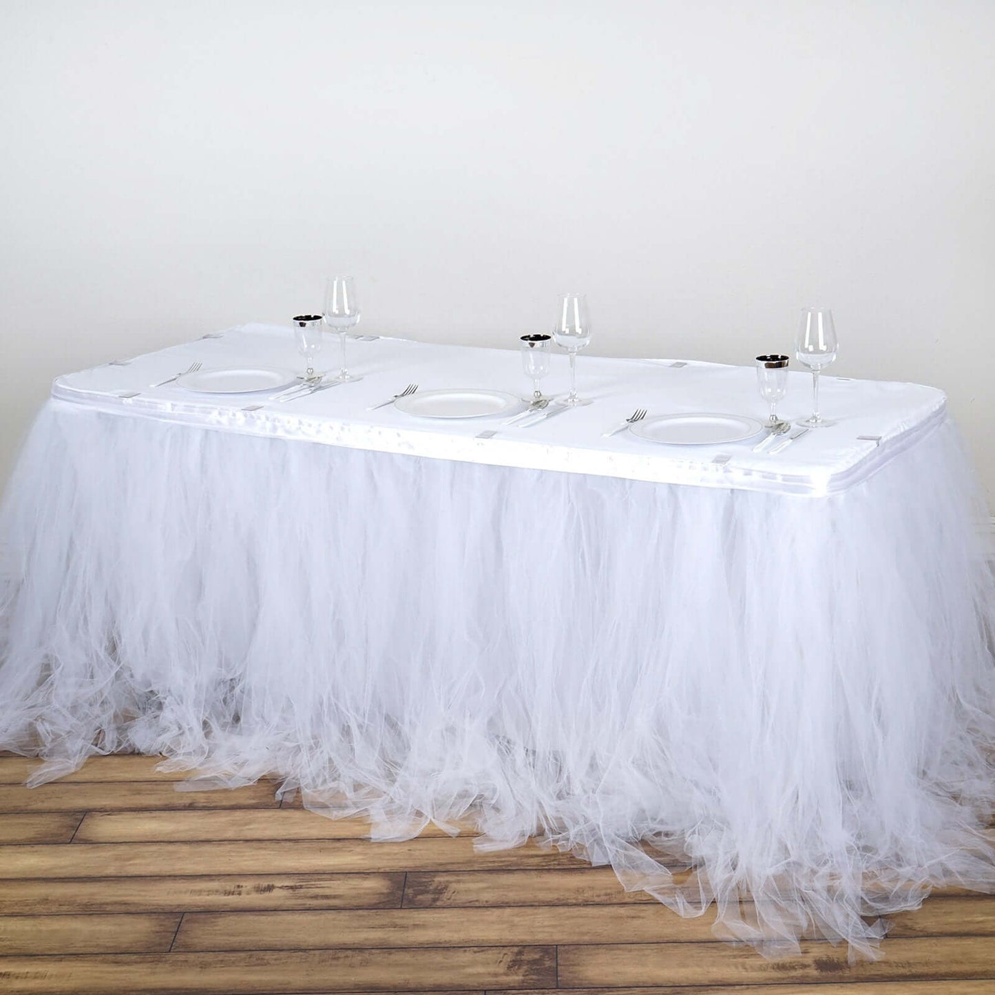 Tulle 17ft Table Skirt White - 4 Layer Pleated Tutu Chic & Soft Event Table Cover