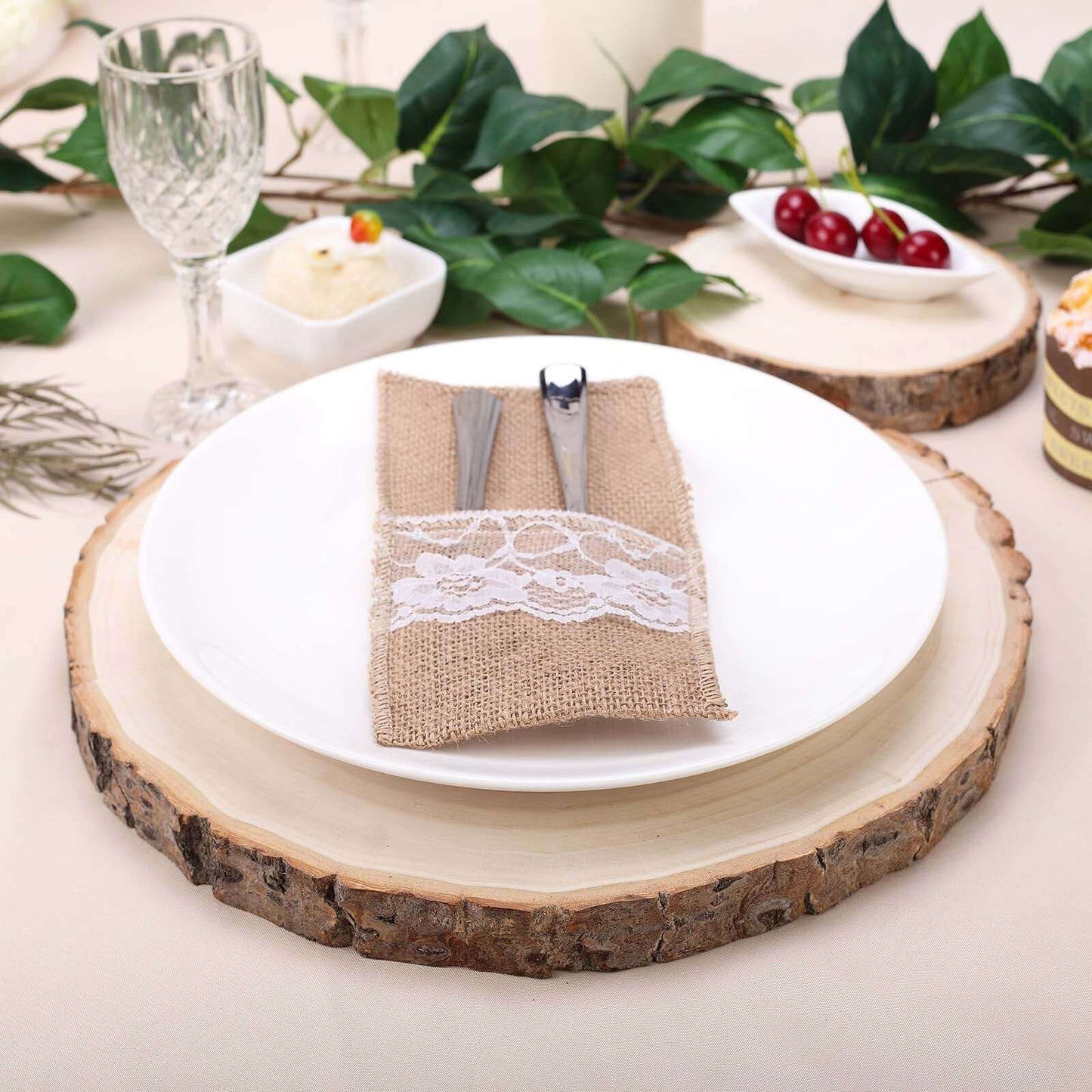 15" Dia Natural Wood Charger Plates With Bark Edge Wood Slice Chargers Rustic Wedding Table Settings