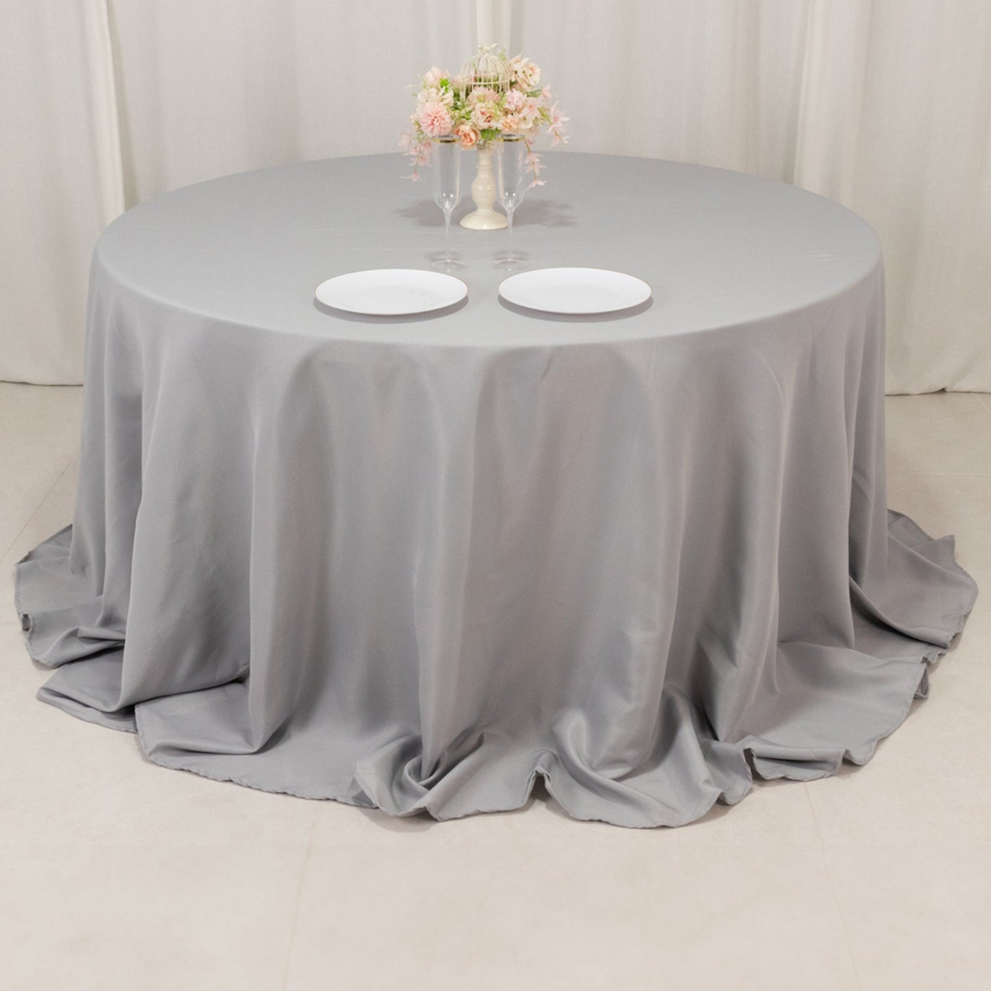 Premium Polyester 132" Round Tablecloth Silver - Seamless 220GSM Wrinkle-Resistant Table Cover
