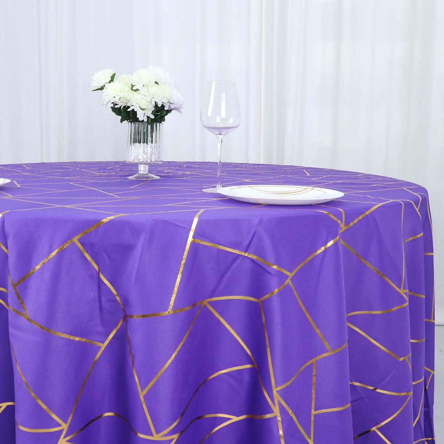 Polyester 120" Round Tablecloth Purple with Gold Foil Geometric Pattern Wrinkle-Resistant Seamless Table Cover